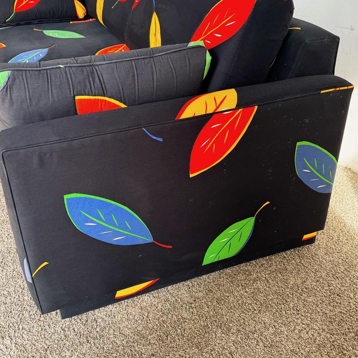 American Postmodern Multi Color Leaf/Black Fabric Sofa/Love Seat For Sale