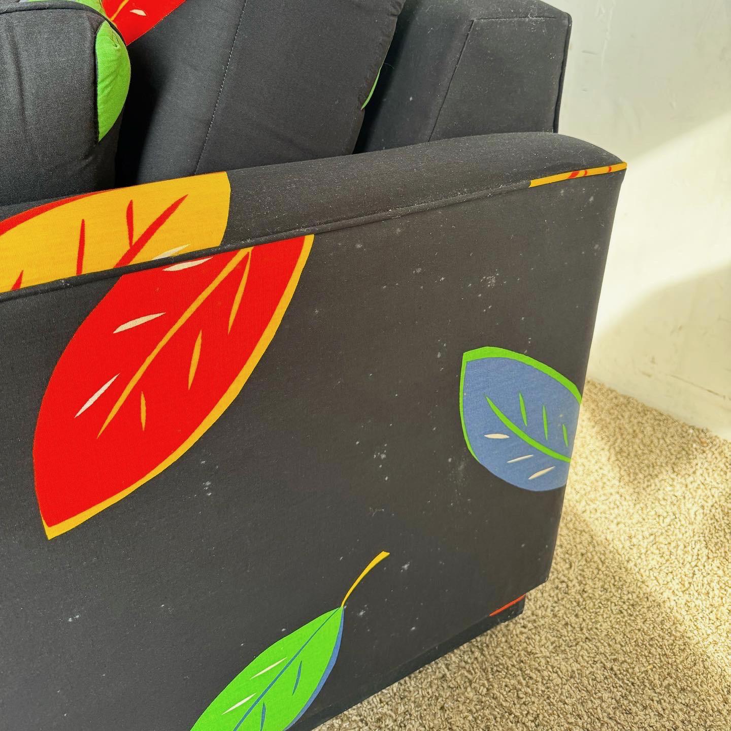 Postmodern Multi Color Leaf/Black Fabric Sofa/Love Seat In Good Condition For Sale In Delray Beach, FL