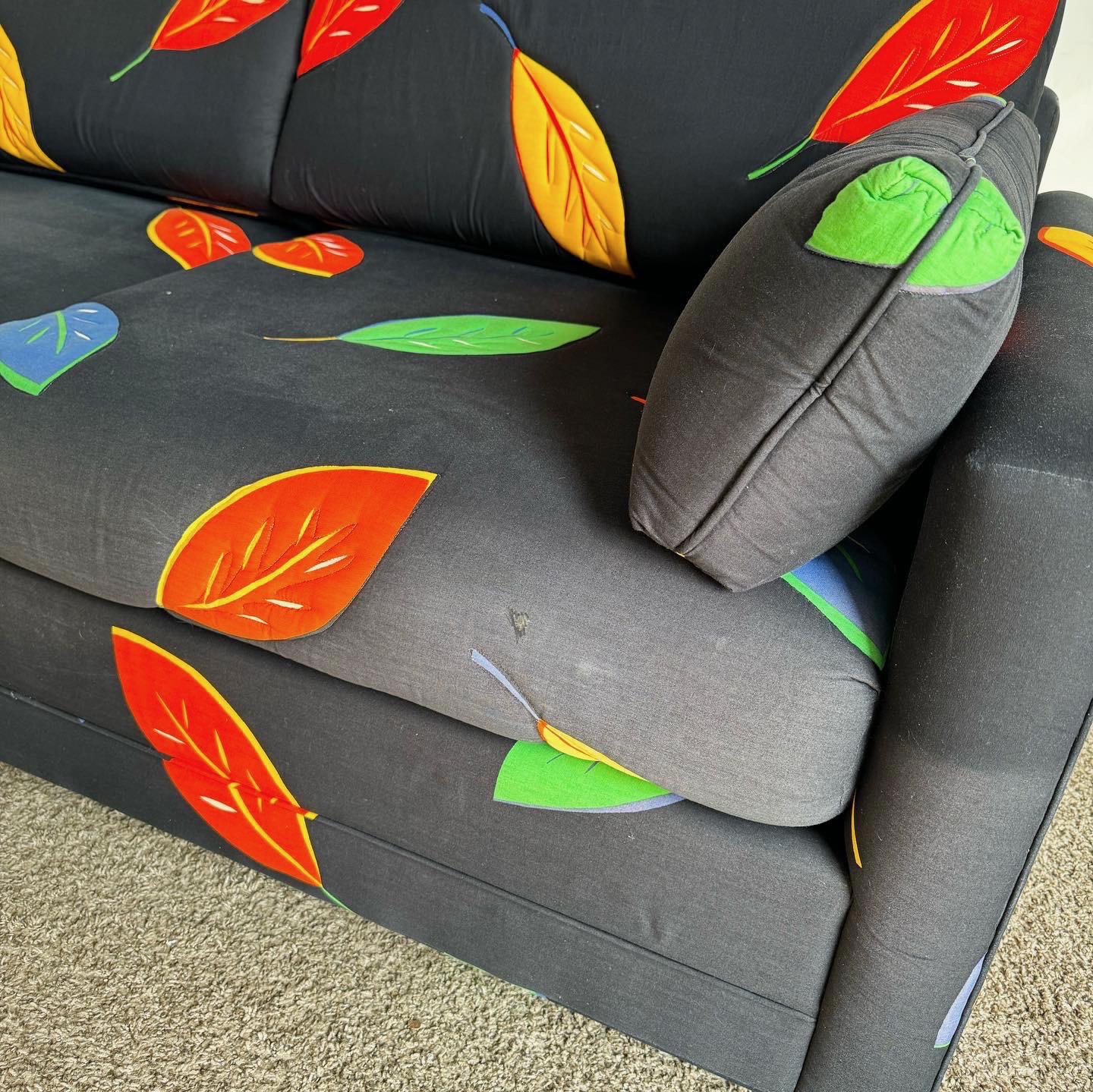 20th Century Postmodern Multi Color Leaf/Black Fabric Sofa/Love Seat For Sale