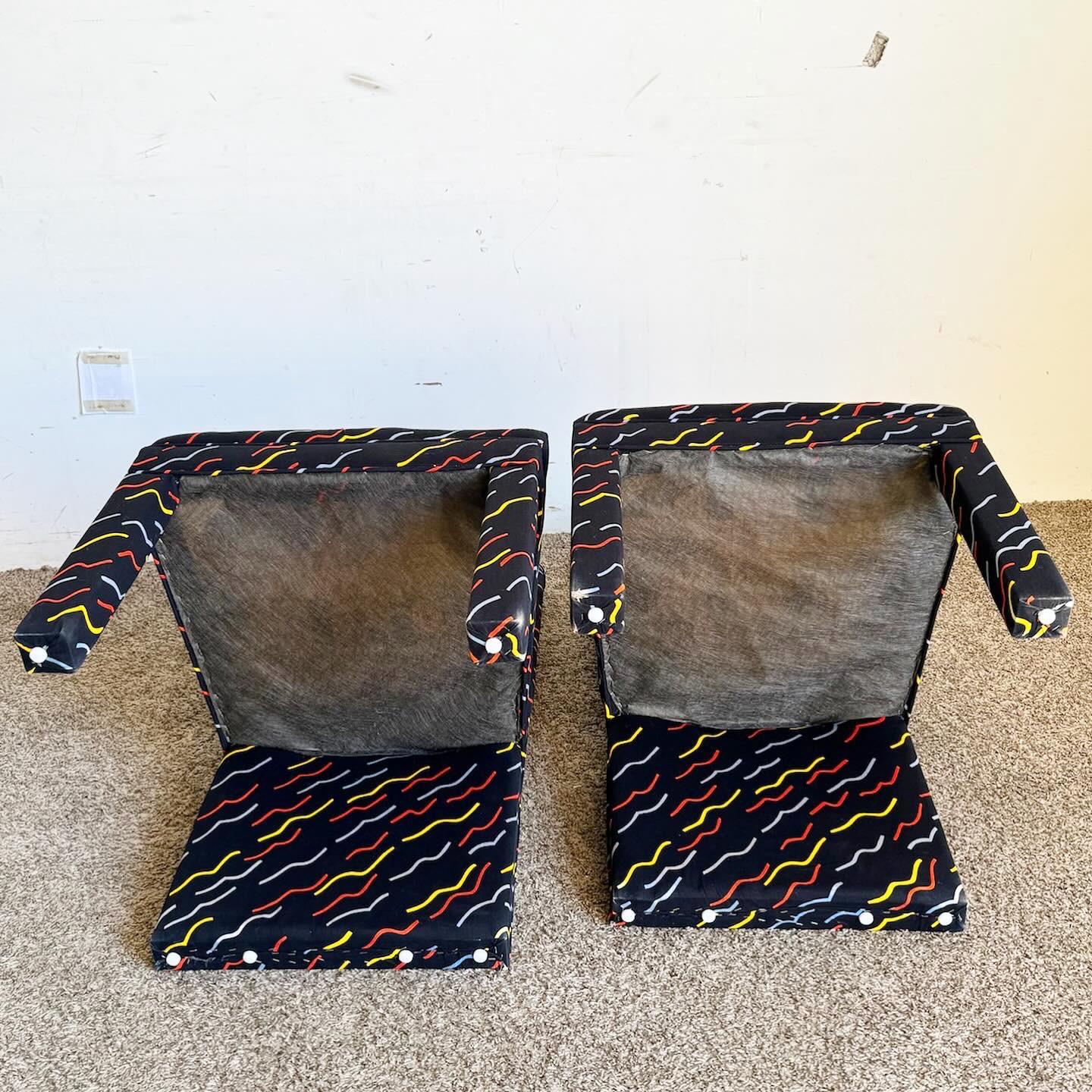 Post-Modern Postmodern Multi Color Squiggle Fabric Parsons Dining Chairs - Set of 4 For Sale