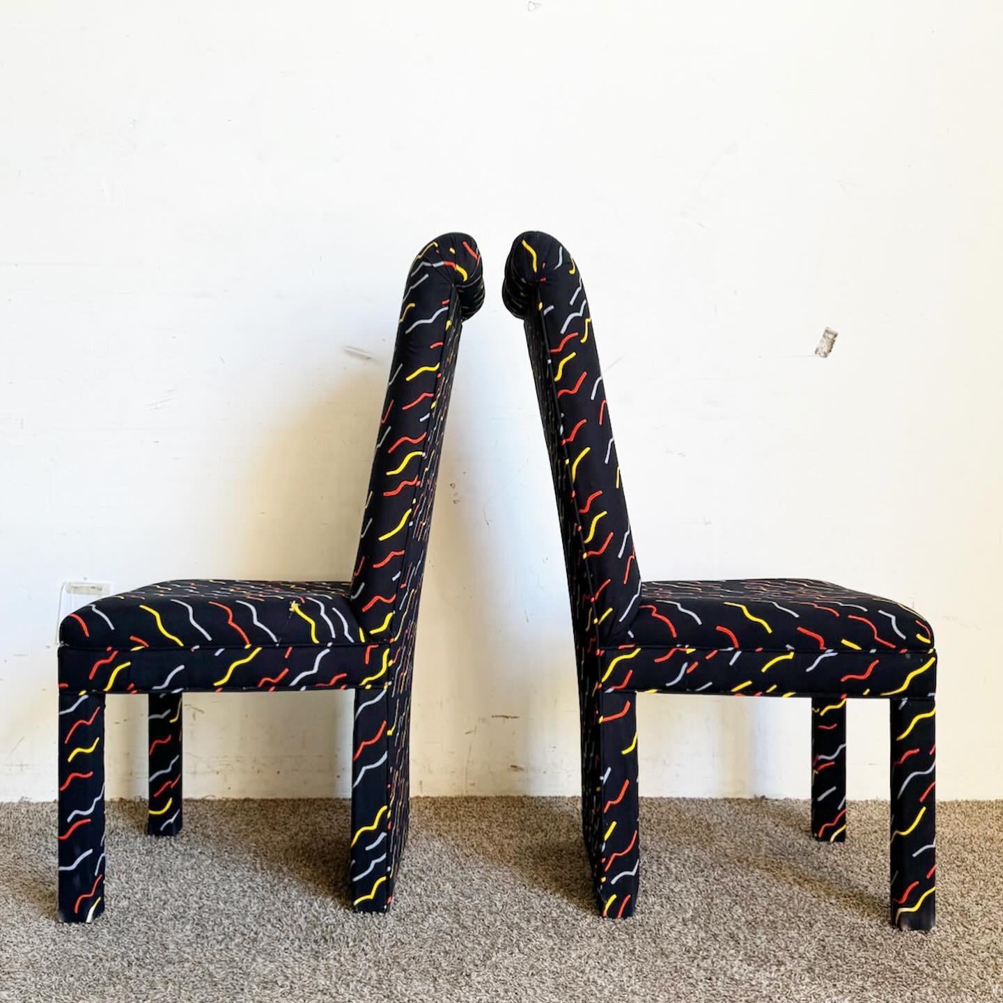 American Postmodern Multi Color Squiggle Fabric Parsons Dining Chairs - Set of 4 For Sale
