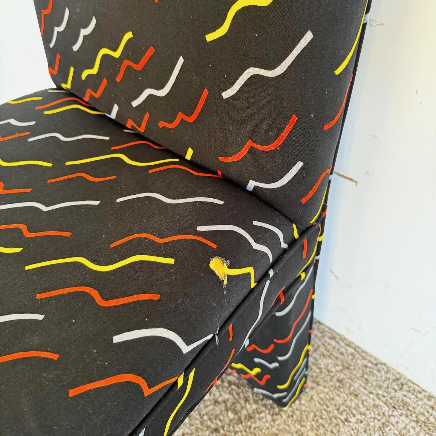 20th Century Postmodern Multi Color Squiggle Fabric Parsons Dining Chairs - Set of 4 For Sale