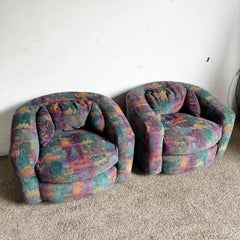 Postmodern Multicolor Patterned Barrell Swivel Chairs - a Pair