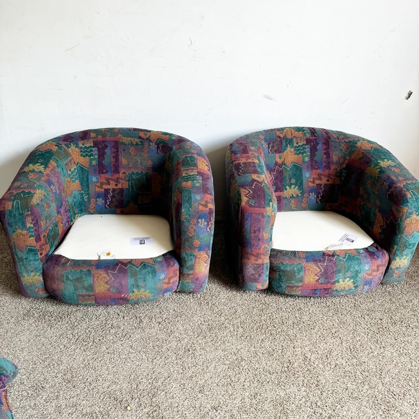 Postmodern Multicolor Patterned Barrell Swivel Chairs - a Pair In Good Condition For Sale In Delray Beach, FL