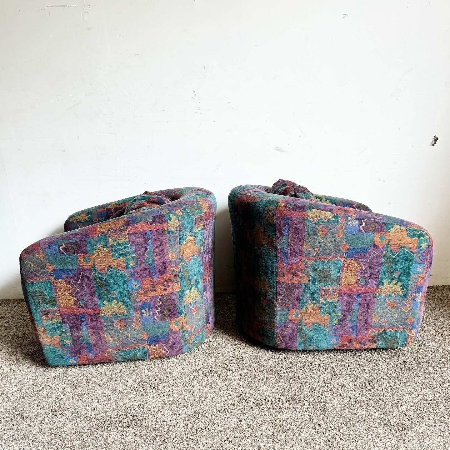 Contemporary Postmodern Multicolor Patterned Barrell Swivel Chairs - a Pair For Sale