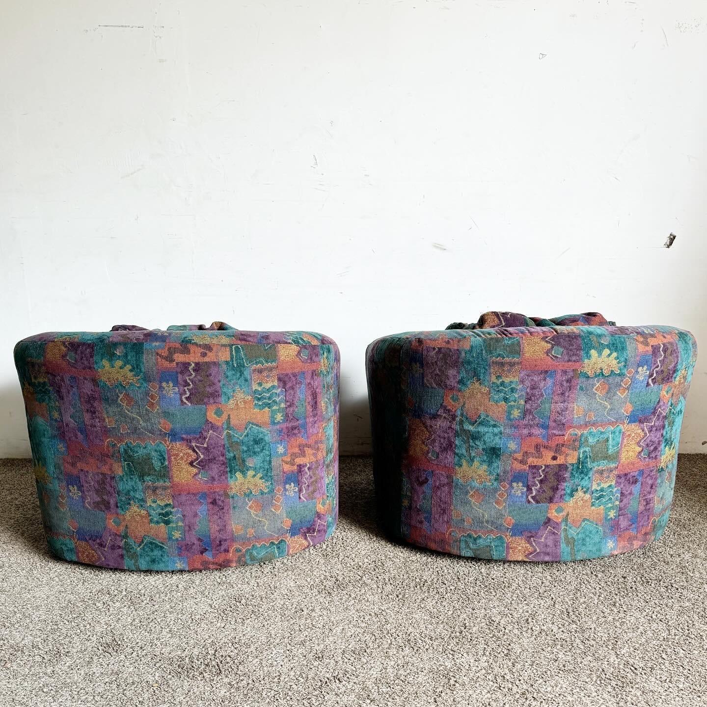 Fabric Postmodern Multicolor Patterned Barrell Swivel Chairs - a Pair For Sale