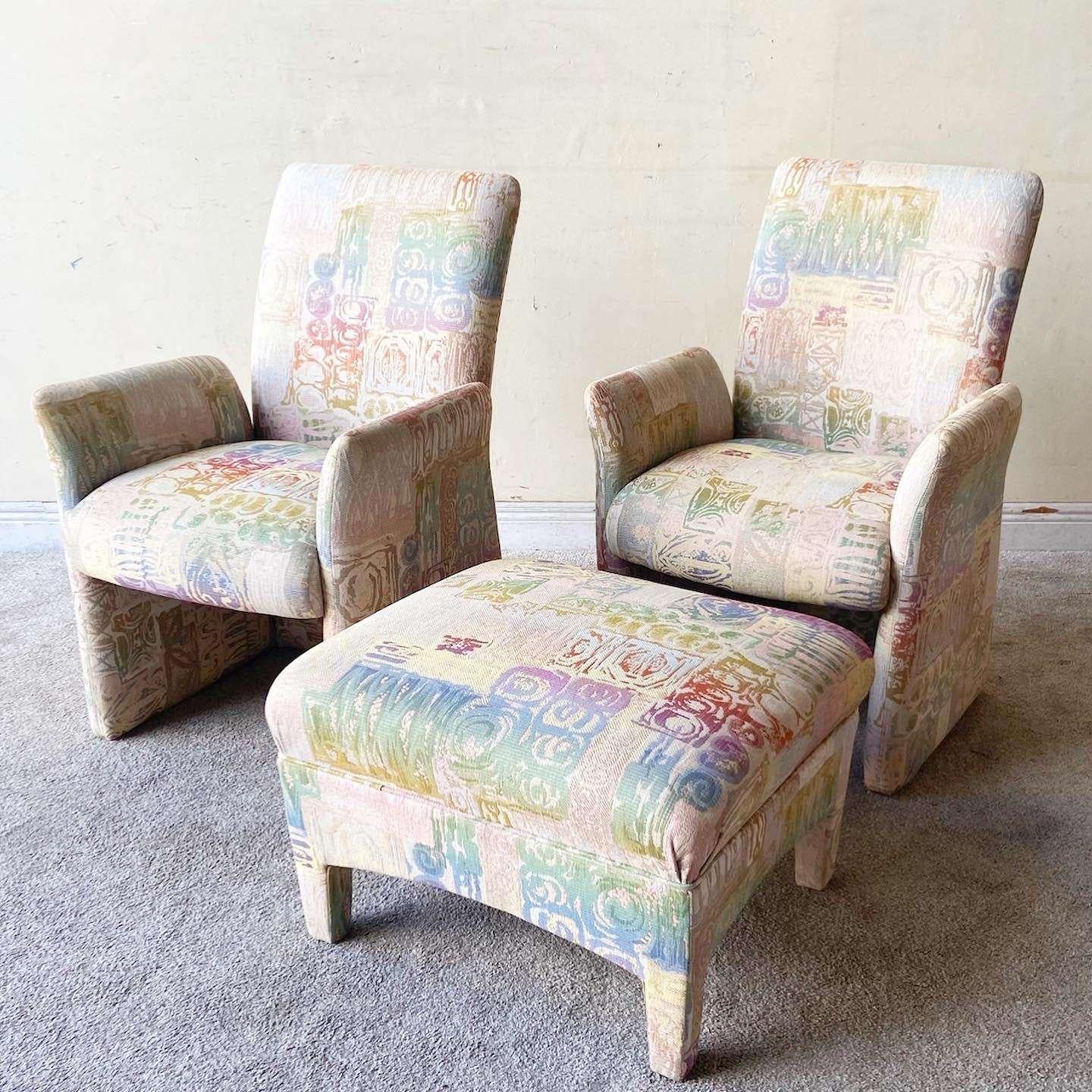 Wonderful a pair of vintage postmodern sculpted armchairs with matching ottoman. Each feature a fun multi colored fabric with red, green, blue and yellow.

Ottoman measures 25”W, 22”D, 16.5”H