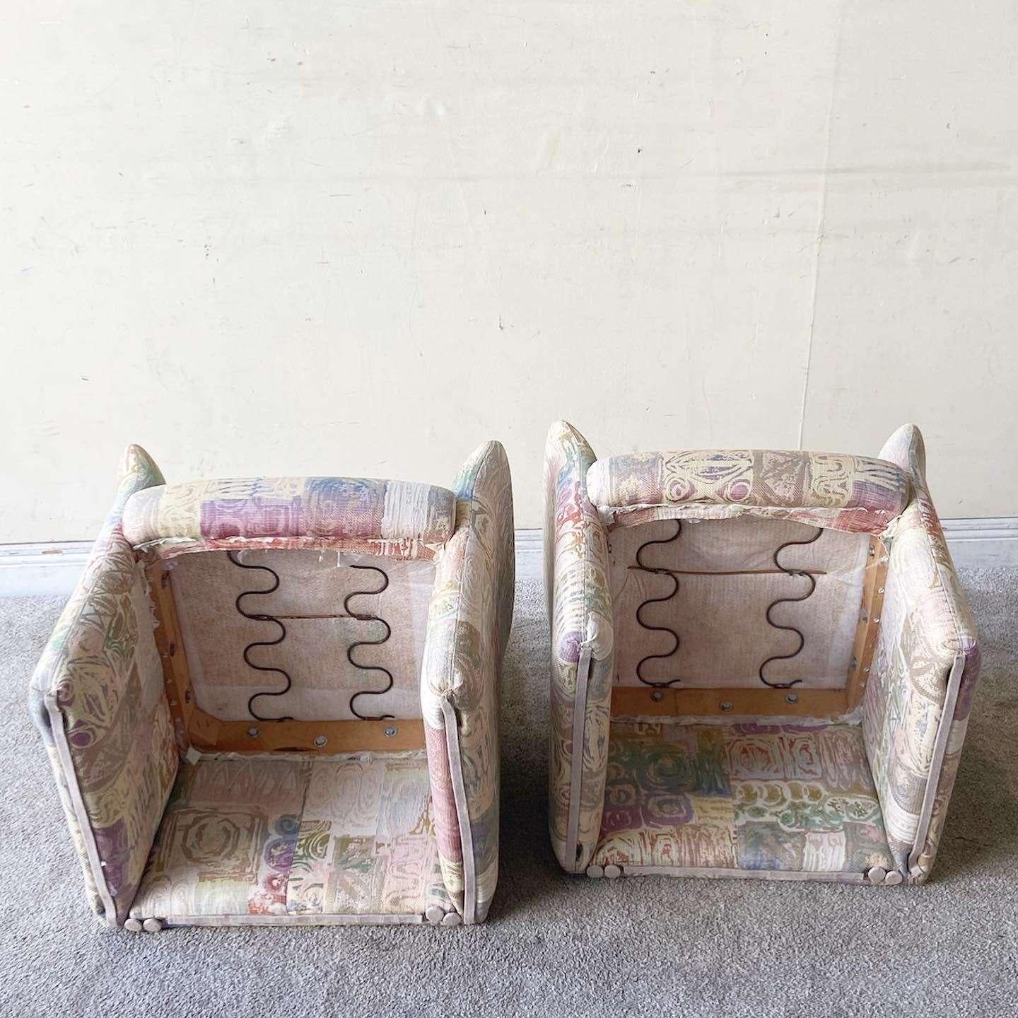 Fabric Postmodern Multicolored Sculpted Armchairs With Ottoman For Sale