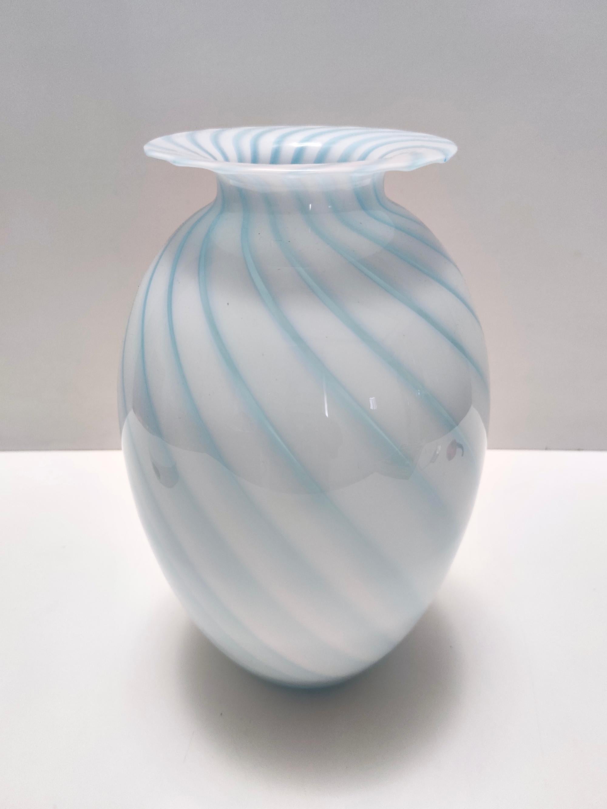 Late 20th Century Postmodern Murano Glass Vase with Light Blue and White Canes, Italy For Sale