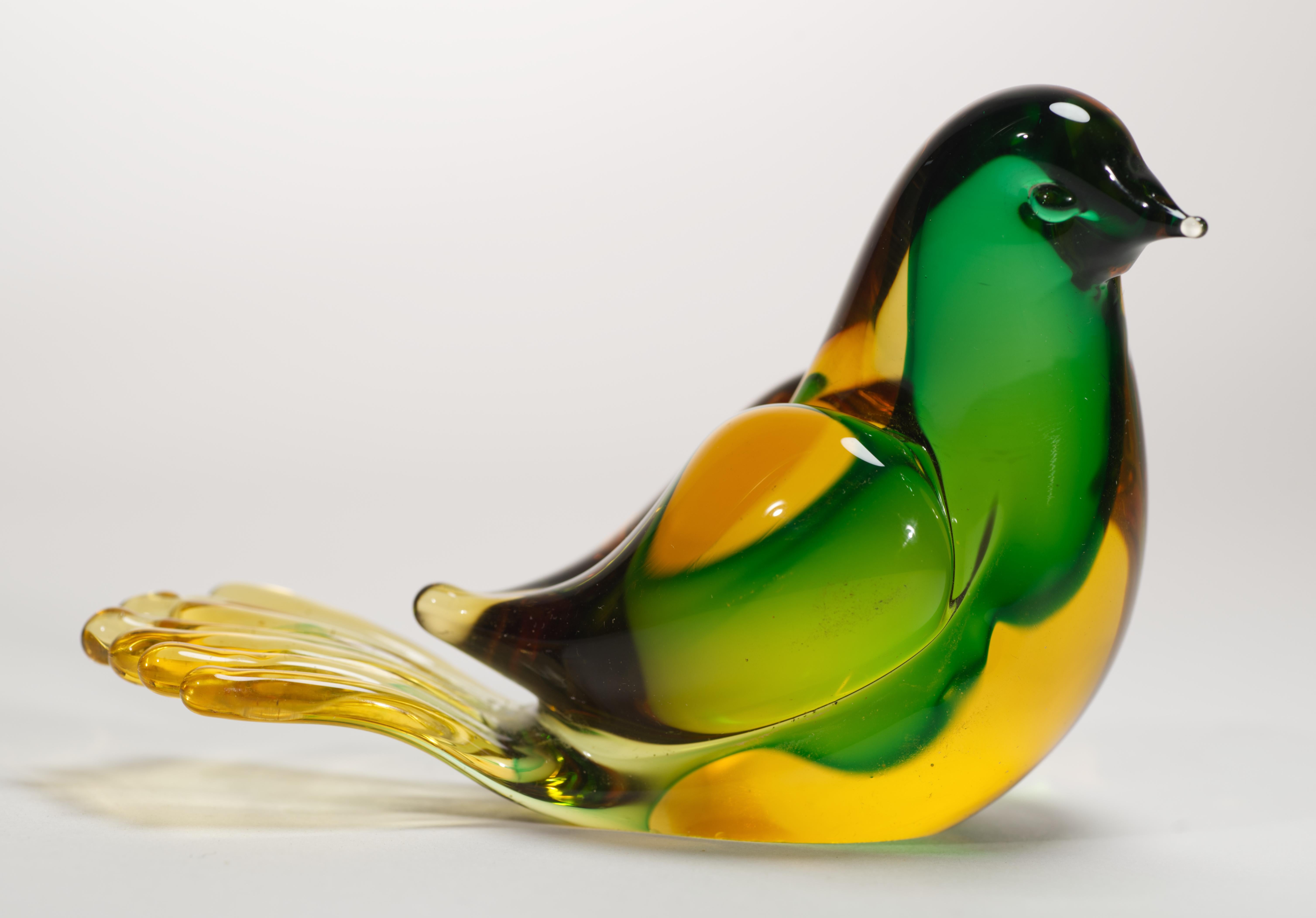 Post-Modern Postmodern Murano Sommerso Glass Bird Figurine Paperweight Green Amber