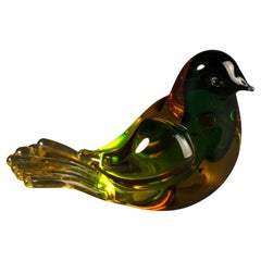 Vintage Postmodern Murano Sommerso Glass Bird Figurine Paperweight Green Amber