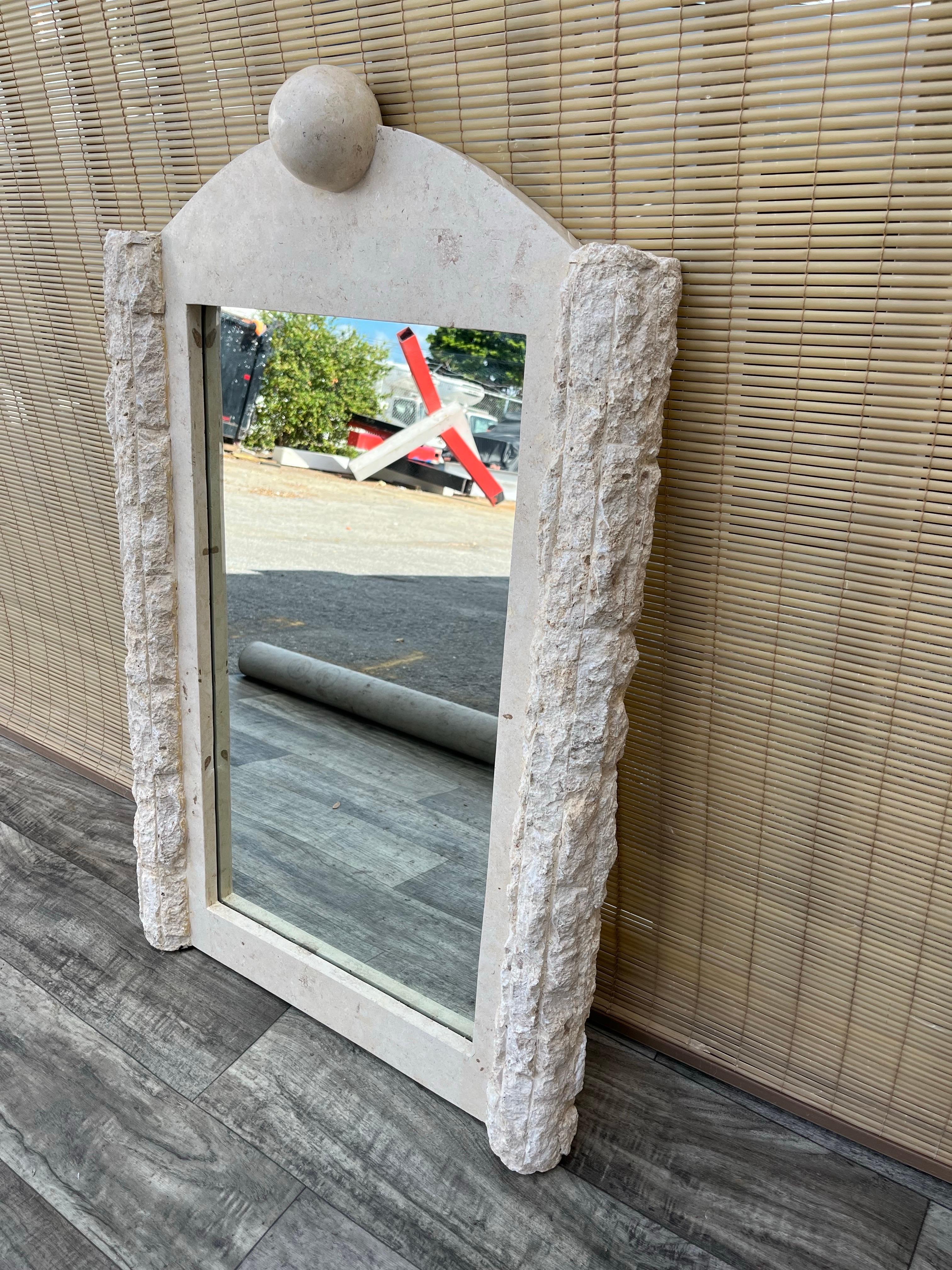 Postmodern Natural Mactan Stone Entry Console Table With Wall Mirror. C 1990s For Sale 6