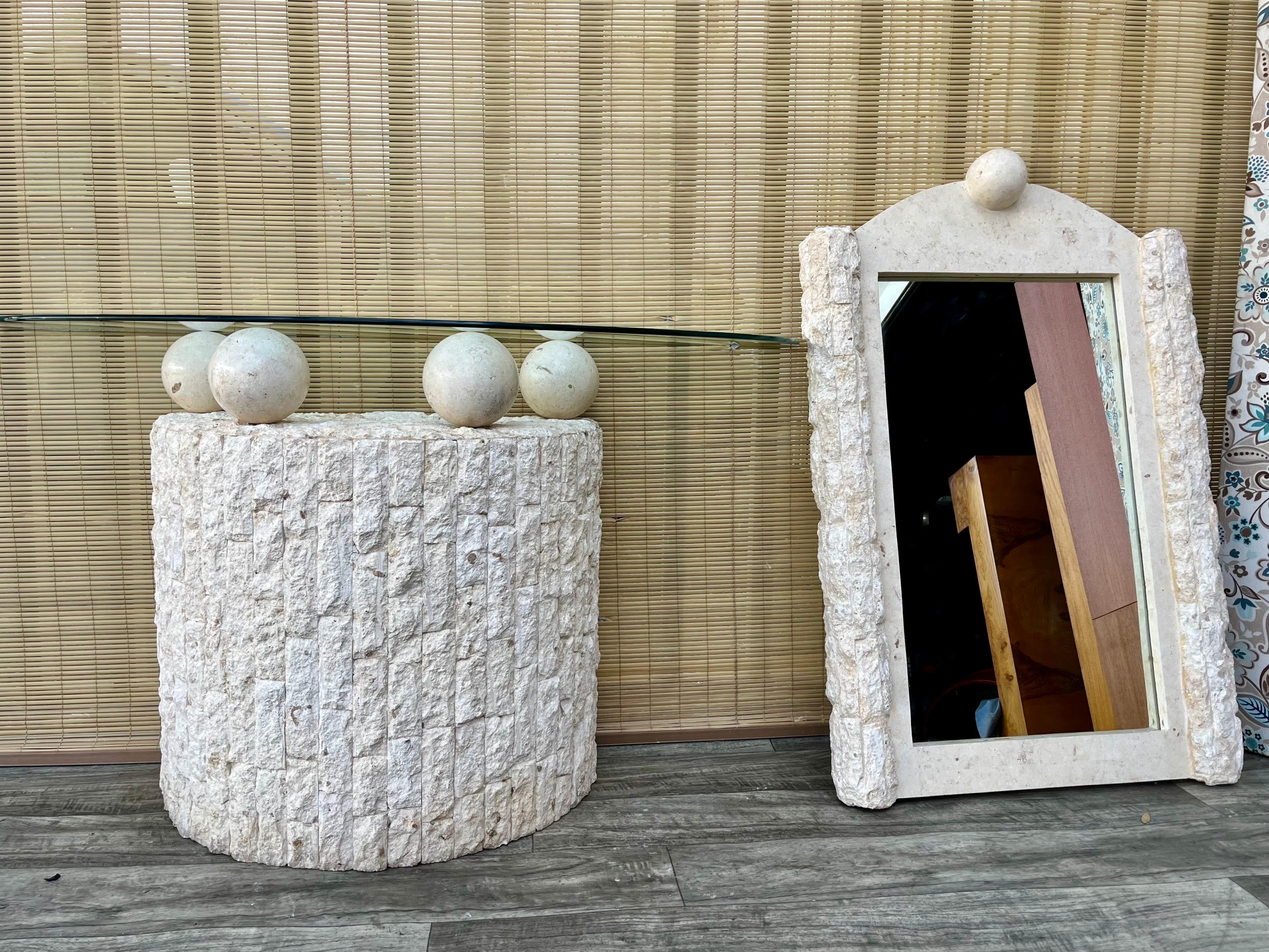Postmodern Natural Mactan Stone Entry Console Table With Wall Mirror. C 1990s For Sale 12