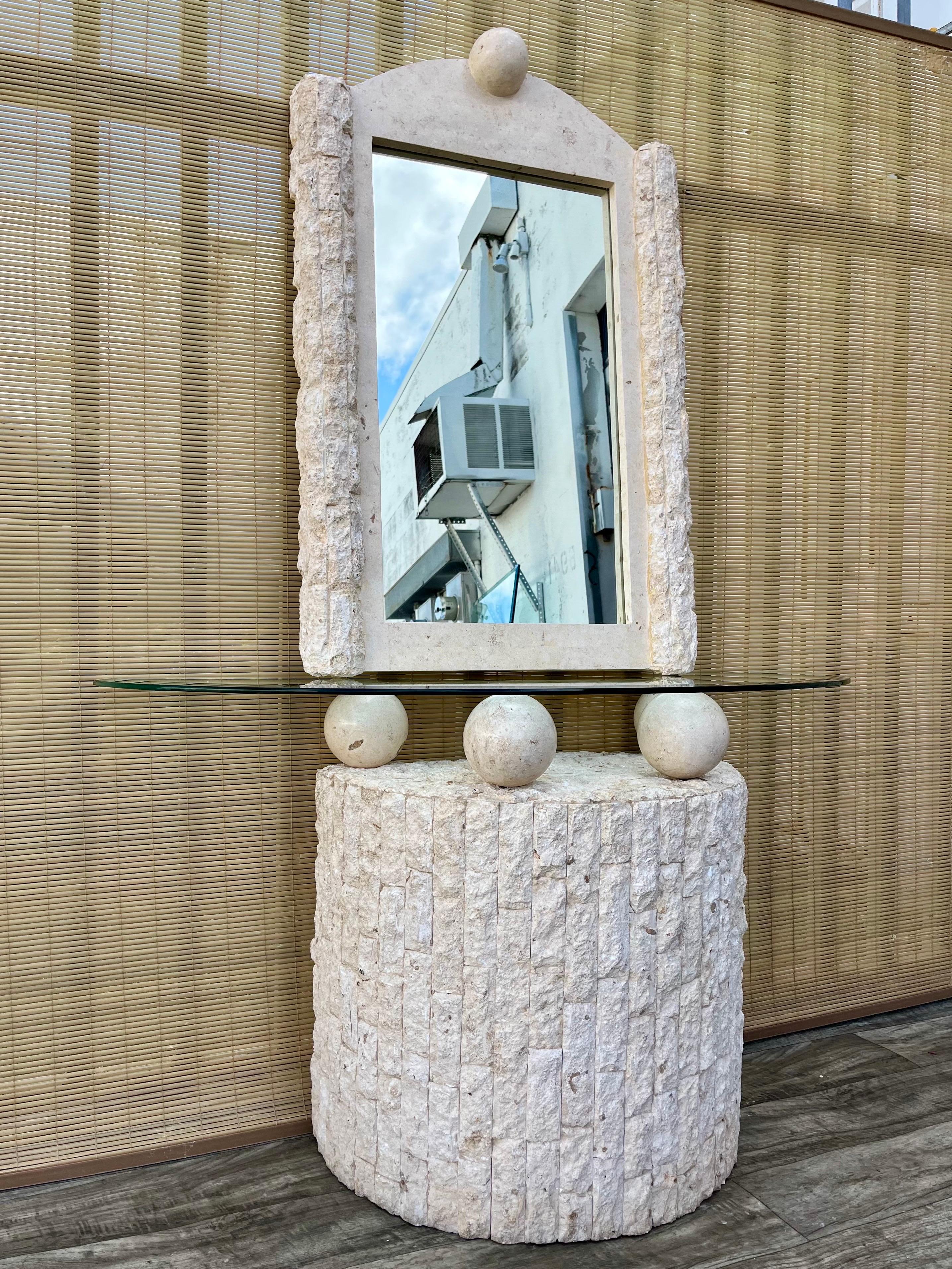 Post-Modern Postmodern Natural Mactan Stone Entry Console Table With Wall Mirror. C 1990s For Sale