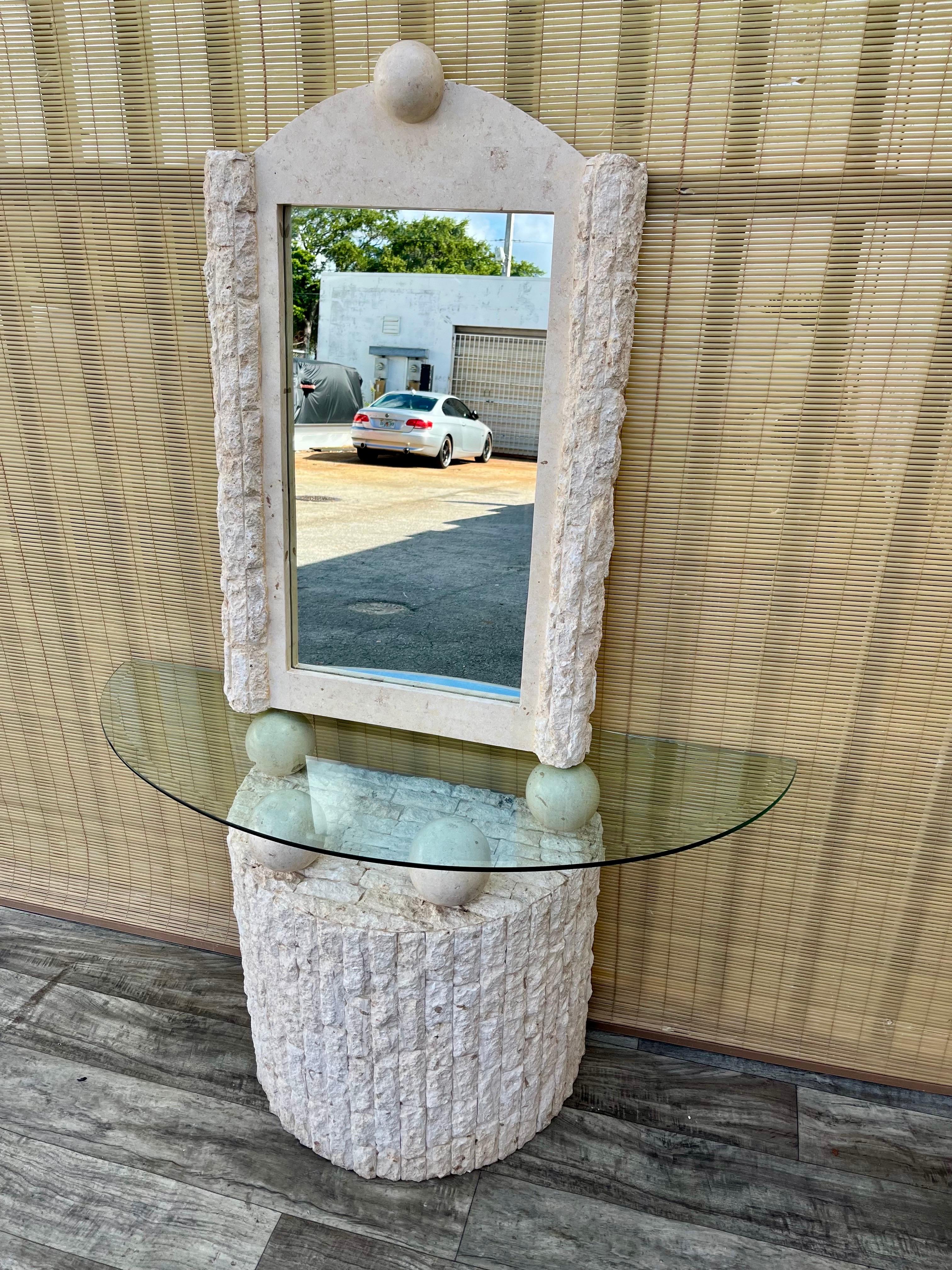 Philippine Postmodern Natural Mactan Stone Entry Console Table With Wall Mirror. C 1990s For Sale
