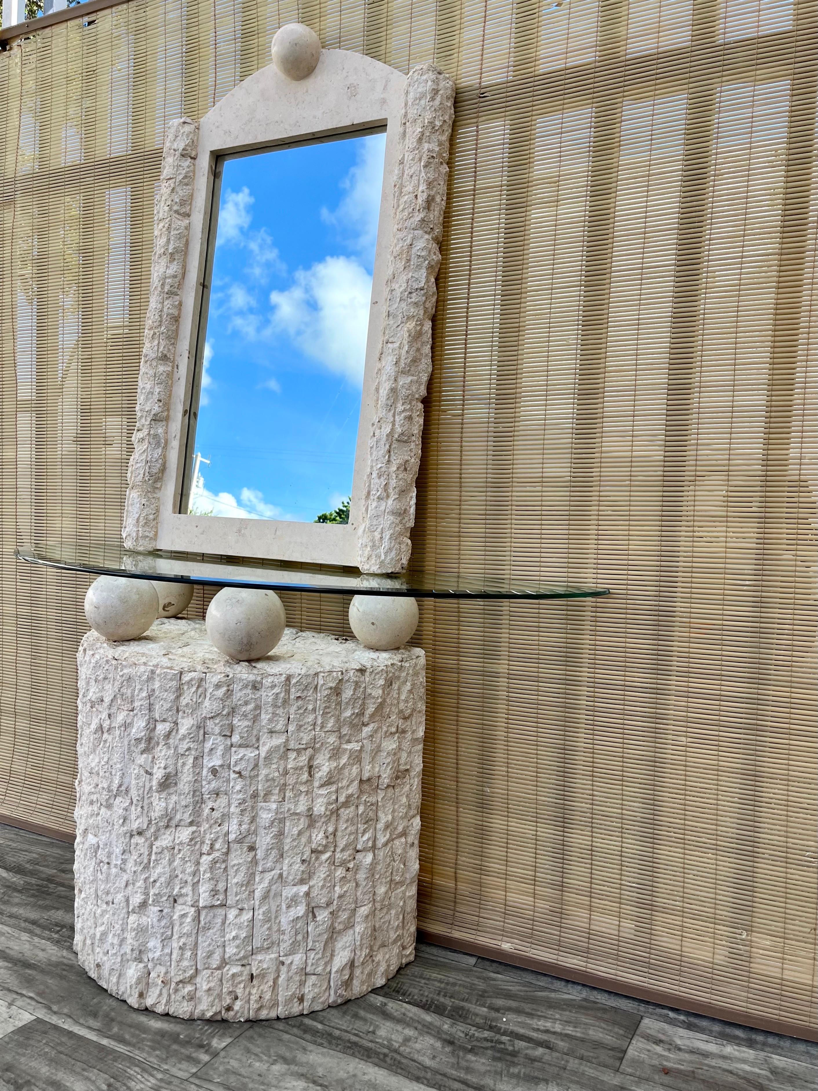 Beveled Postmodern Natural Mactan Stone Entry Console Table With Wall Mirror. C 1990s For Sale