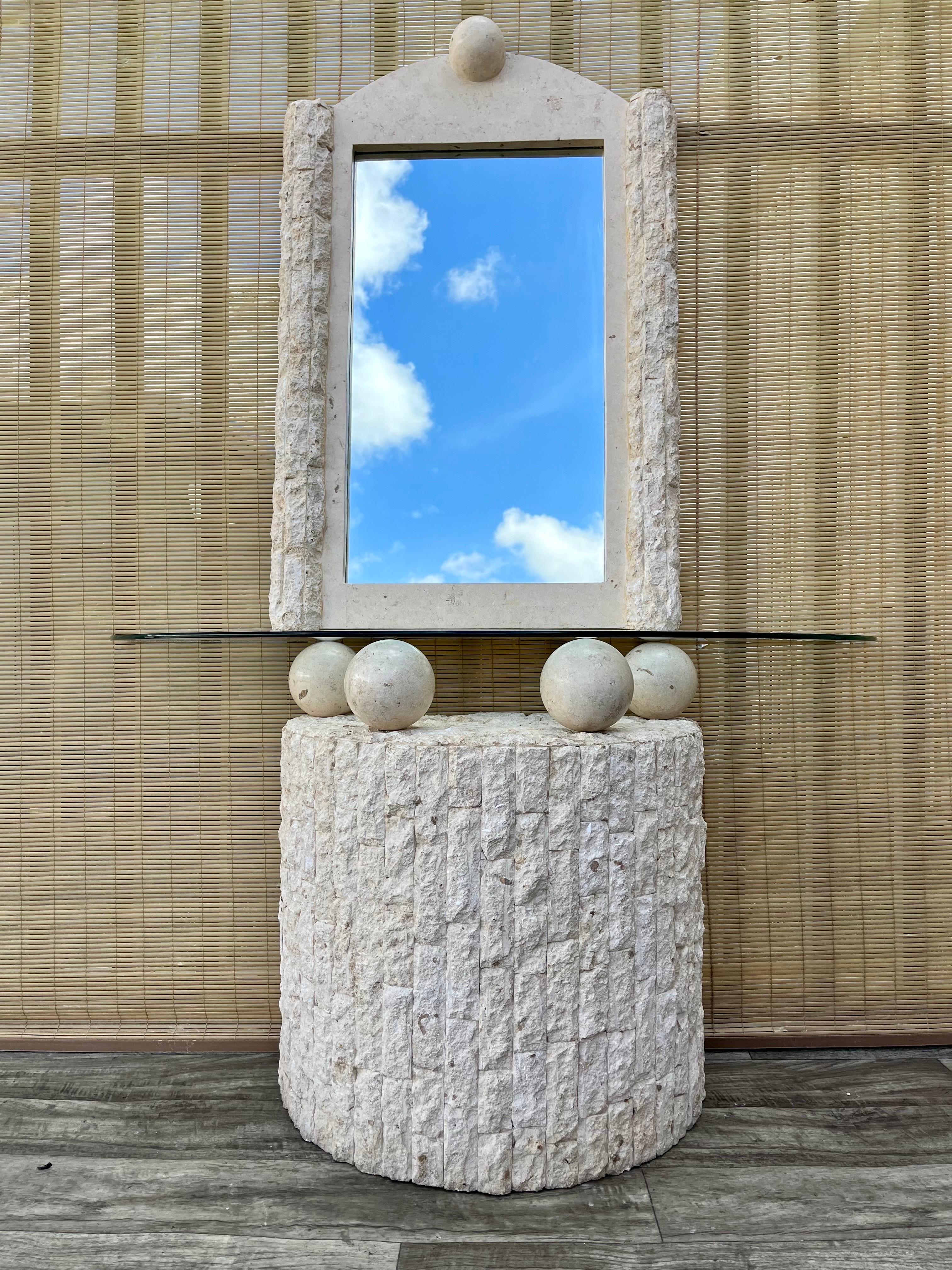 Late 20th Century Postmodern Natural Mactan Stone Entry Console Table With Wall Mirror. C 1990s For Sale