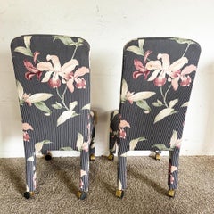 Postmodern Navy Blue Pinstripe and Pink Hibiscus Parsons Chairs on Casters
