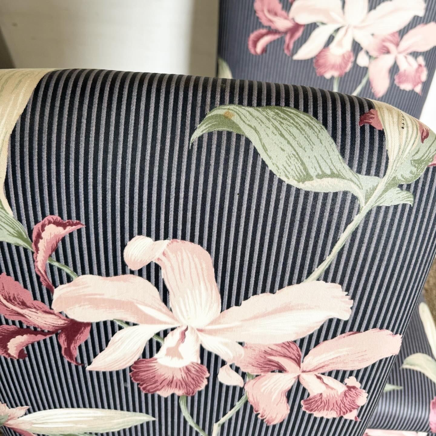Post-Modern Postmodern Navy Blue Pinstripe and Pink Hibiscus Parsons Chairs on Casters For Sale