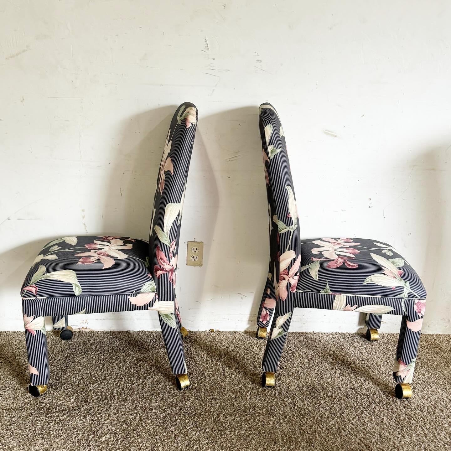 20th Century Postmodern Navy Blue Pinstripe and Pink Hibiscus Parsons Chairs on Casters For Sale