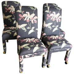 Postmodern Navy Blue Pinstripe and Pink Hibiscus Parsons Chairs on Casters
