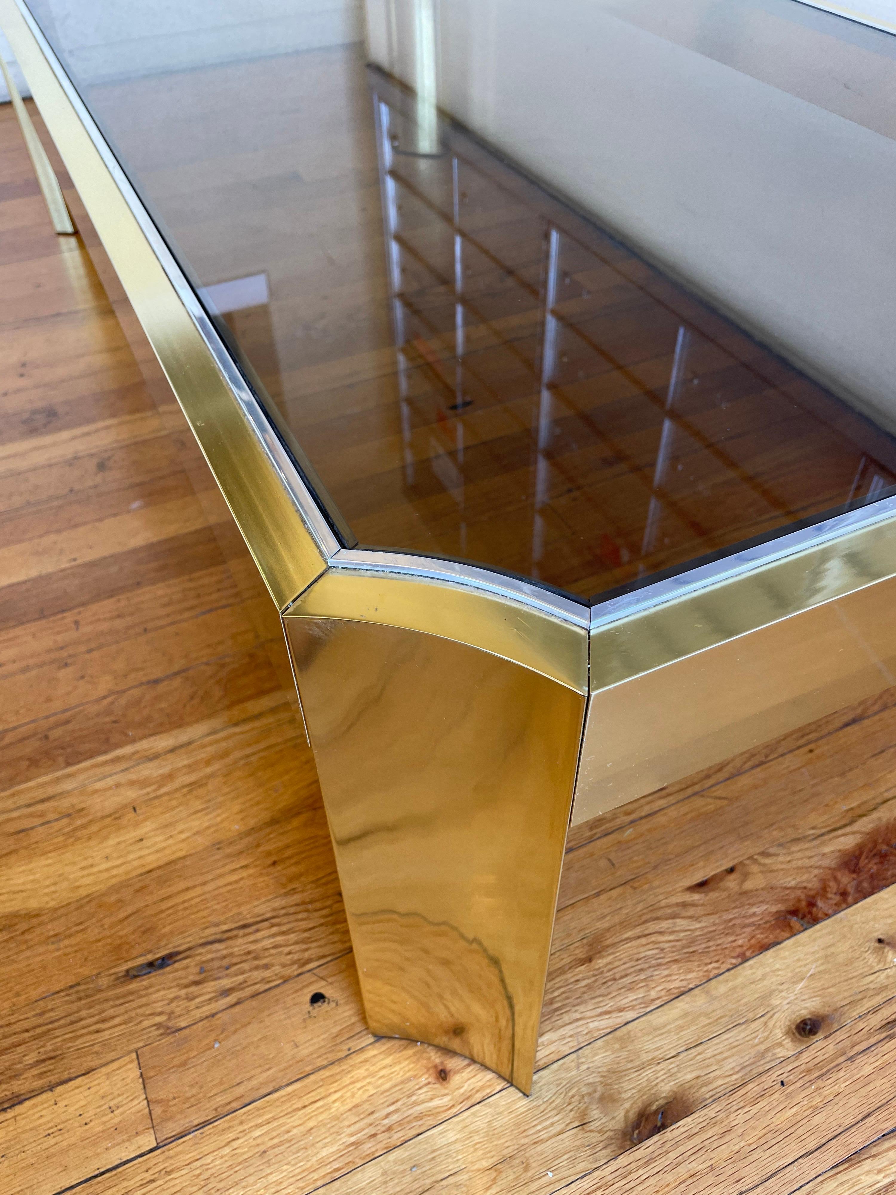 Postmodern Neoclassical Brass & Smoke Glass Coffee Table In Good Condition In San Diego, CA