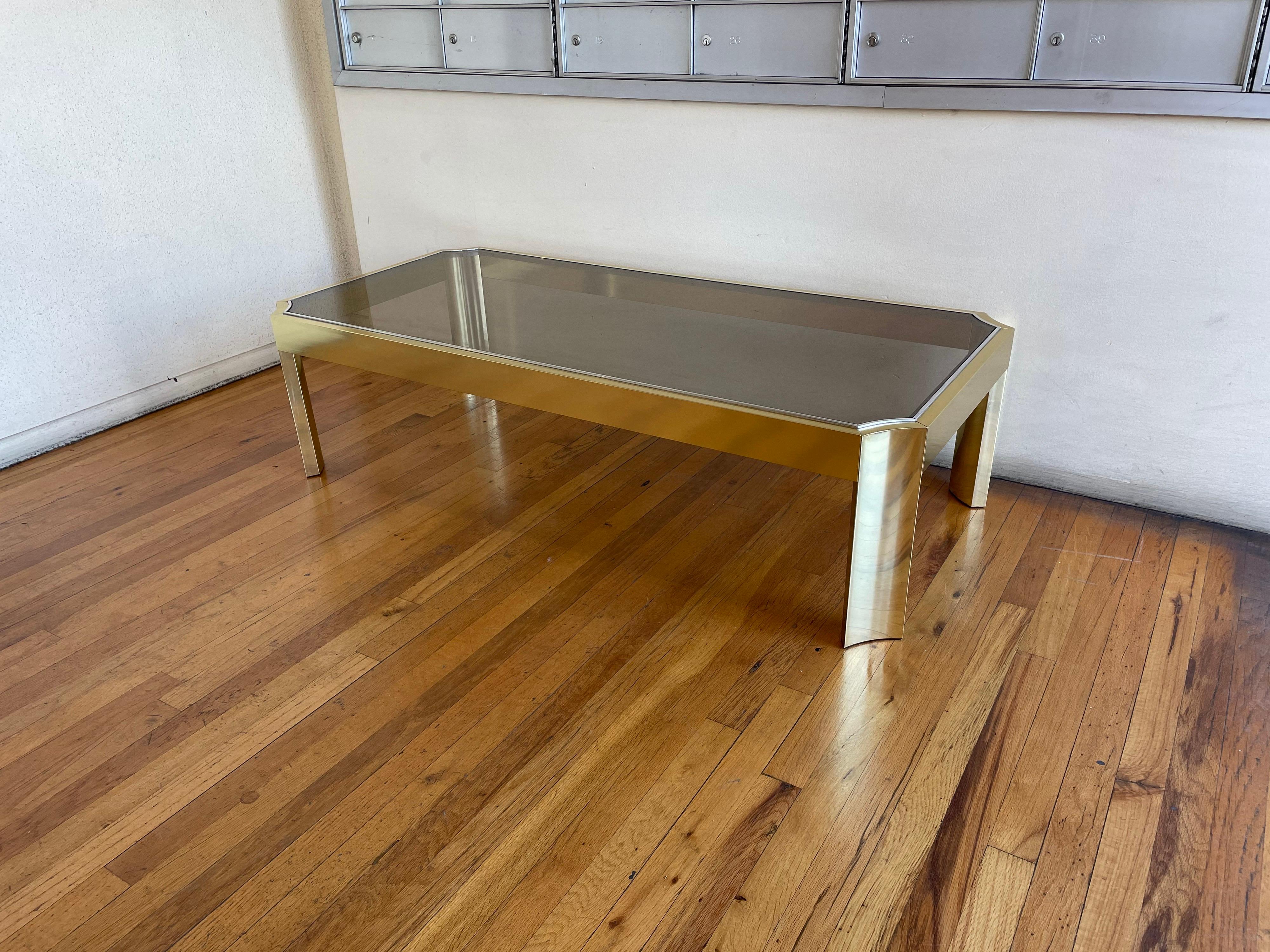 20th Century Postmodern Neoclassical Brass & Smoke Glass Coffee Table