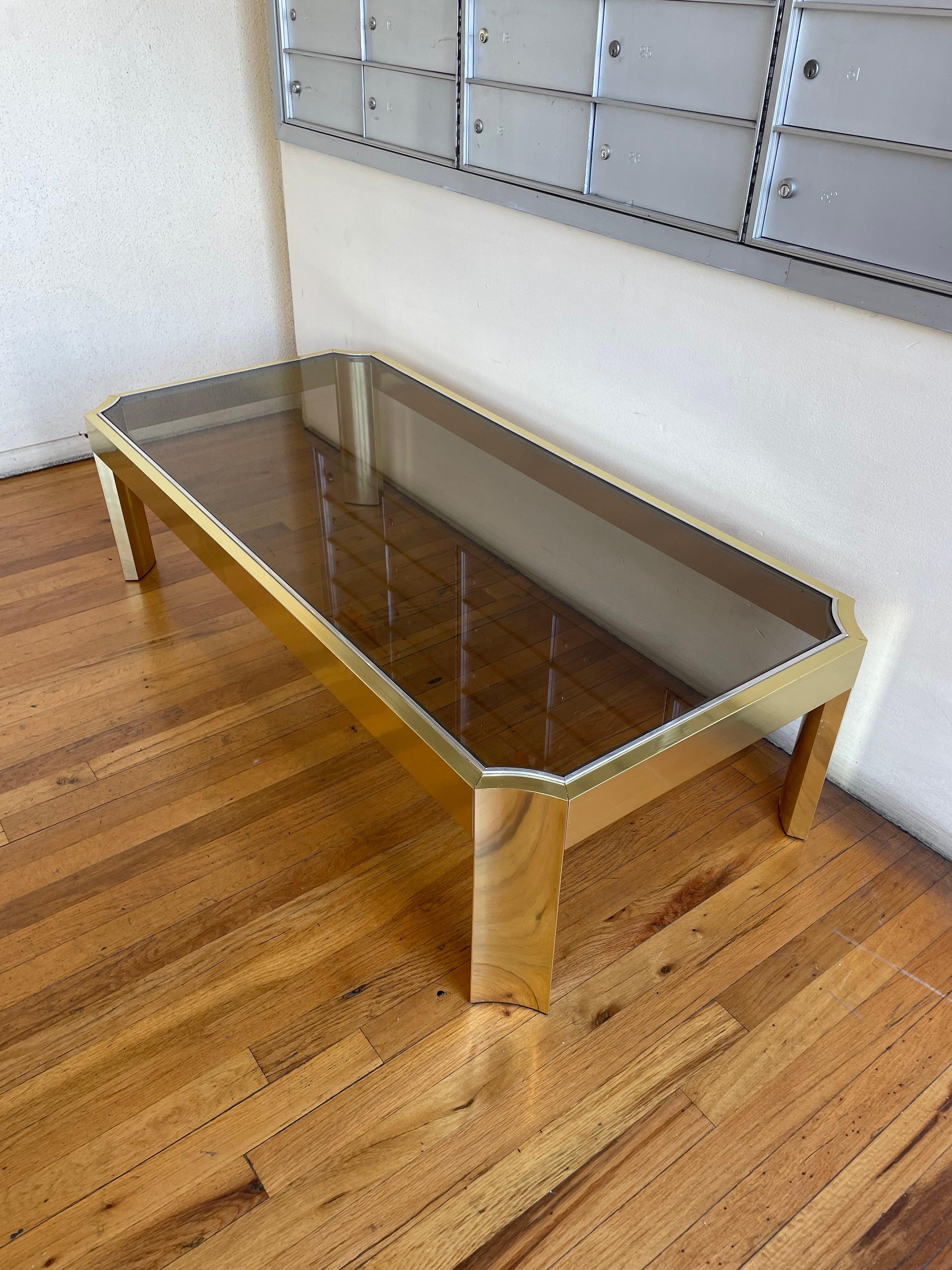 Aluminum Postmodern Neoclassical Brass & Smoke Glass Coffee Table