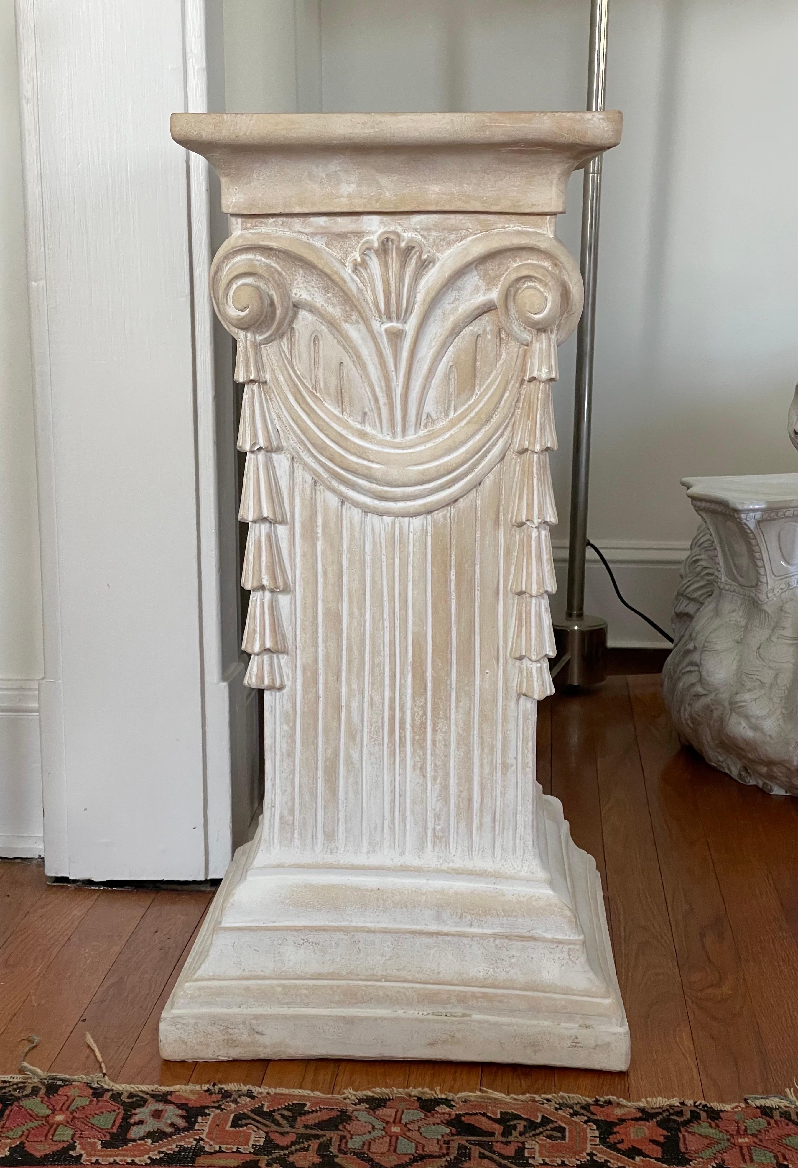 Beautiful Postmodern Pedestal in a square column design. Fluted sides with draped swag accent. 13.25 x 29.5
