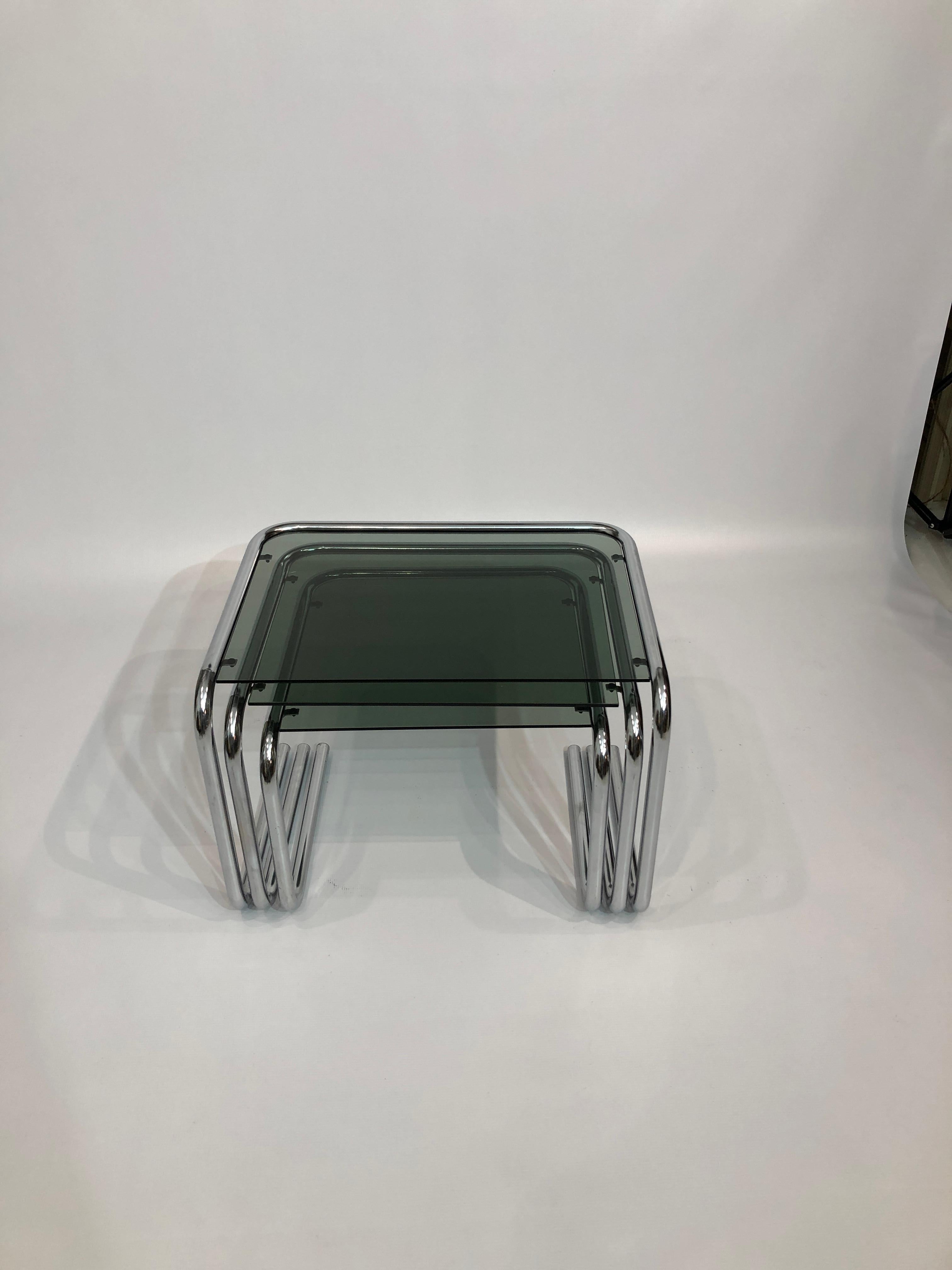 Post-Modern Postmodern Nesting Side Tables 1970s Chrome Cantilever Pieff Style Smoked Glass