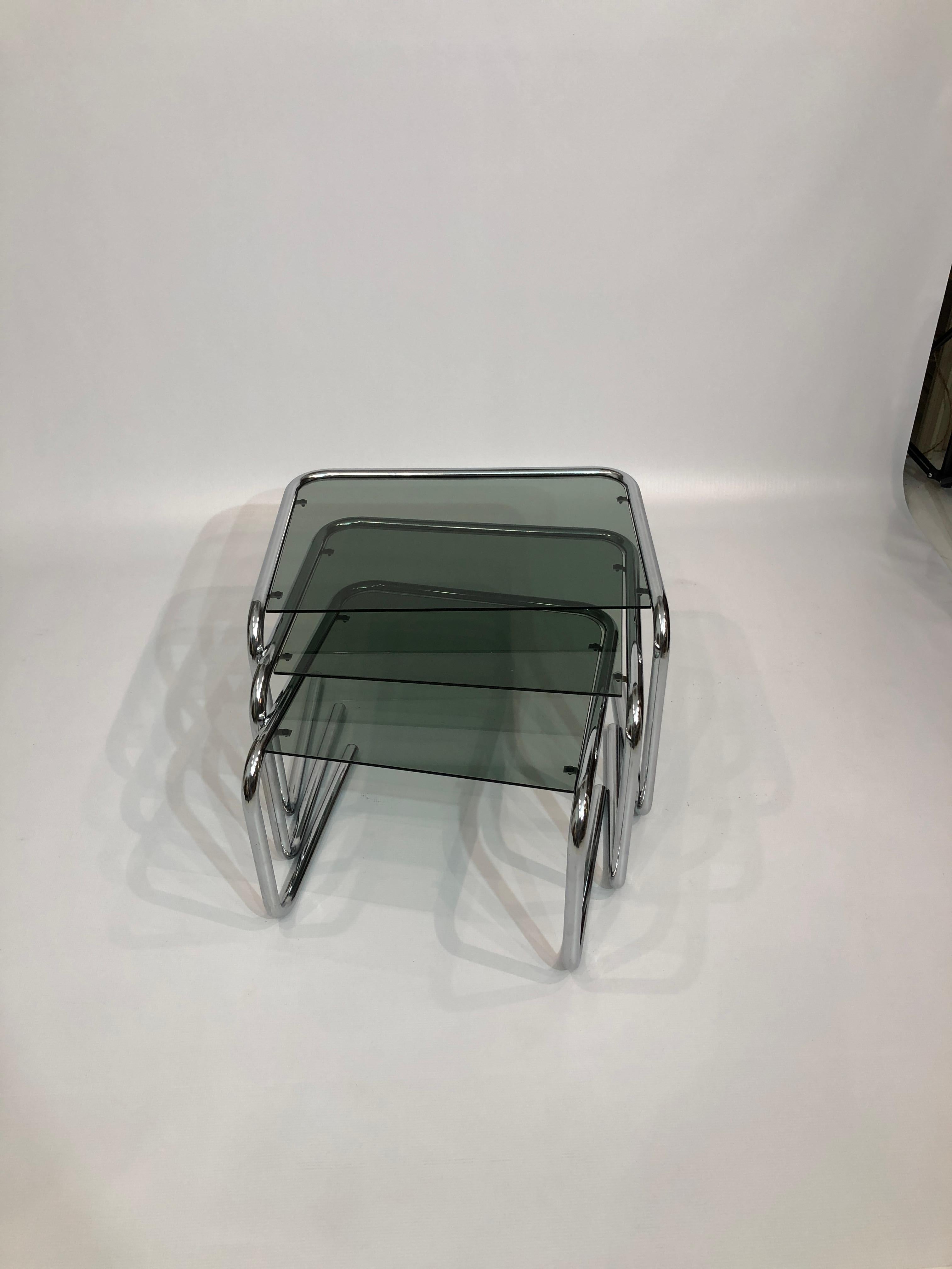 Italian Postmodern Nesting Side Tables 1970s Chrome Cantilever Pieff Style Smoked Glass