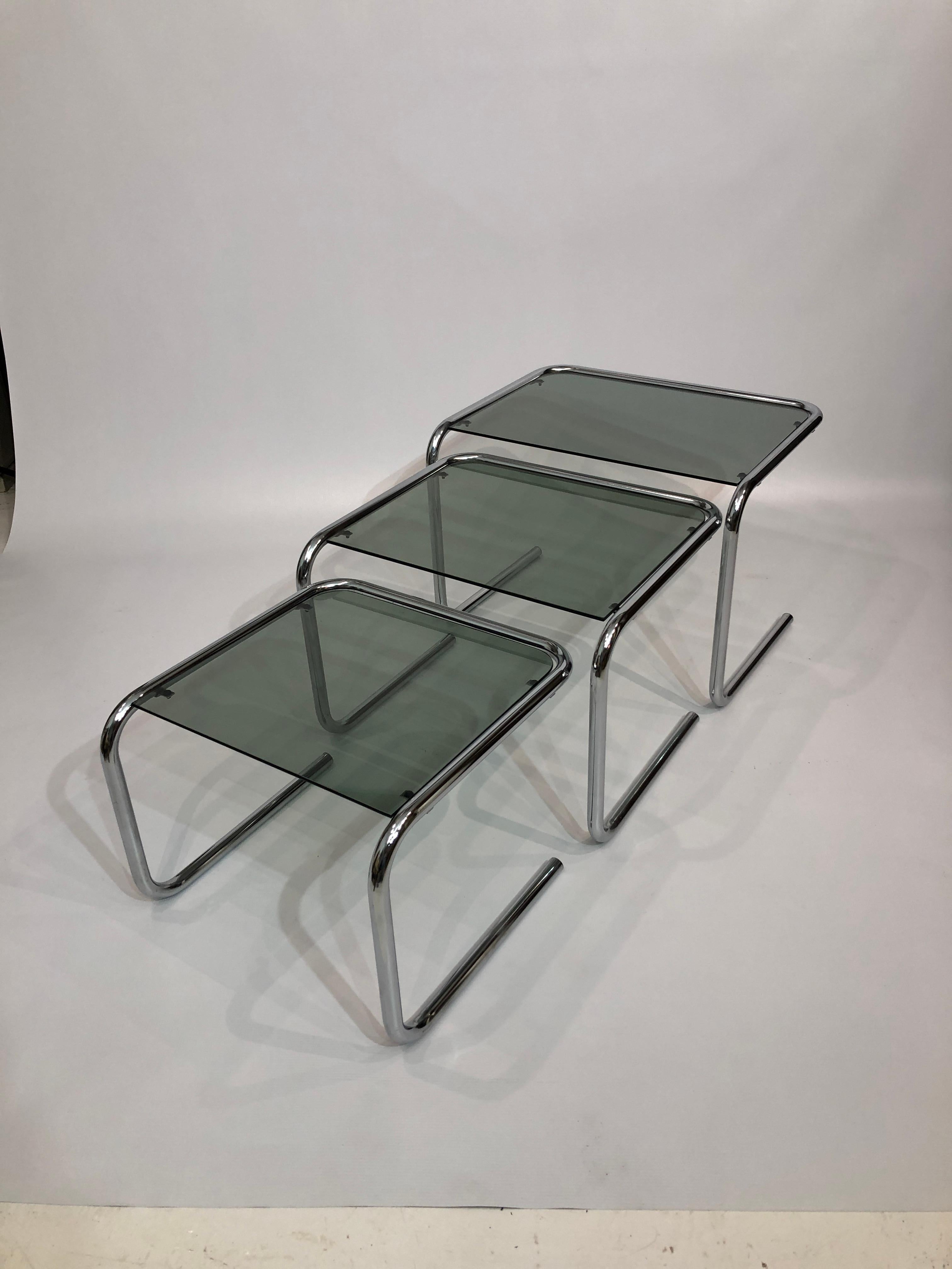 Late 20th Century Postmodern Nesting Side Tables 1970s Chrome Cantilever Pieff Style Smoked Glass