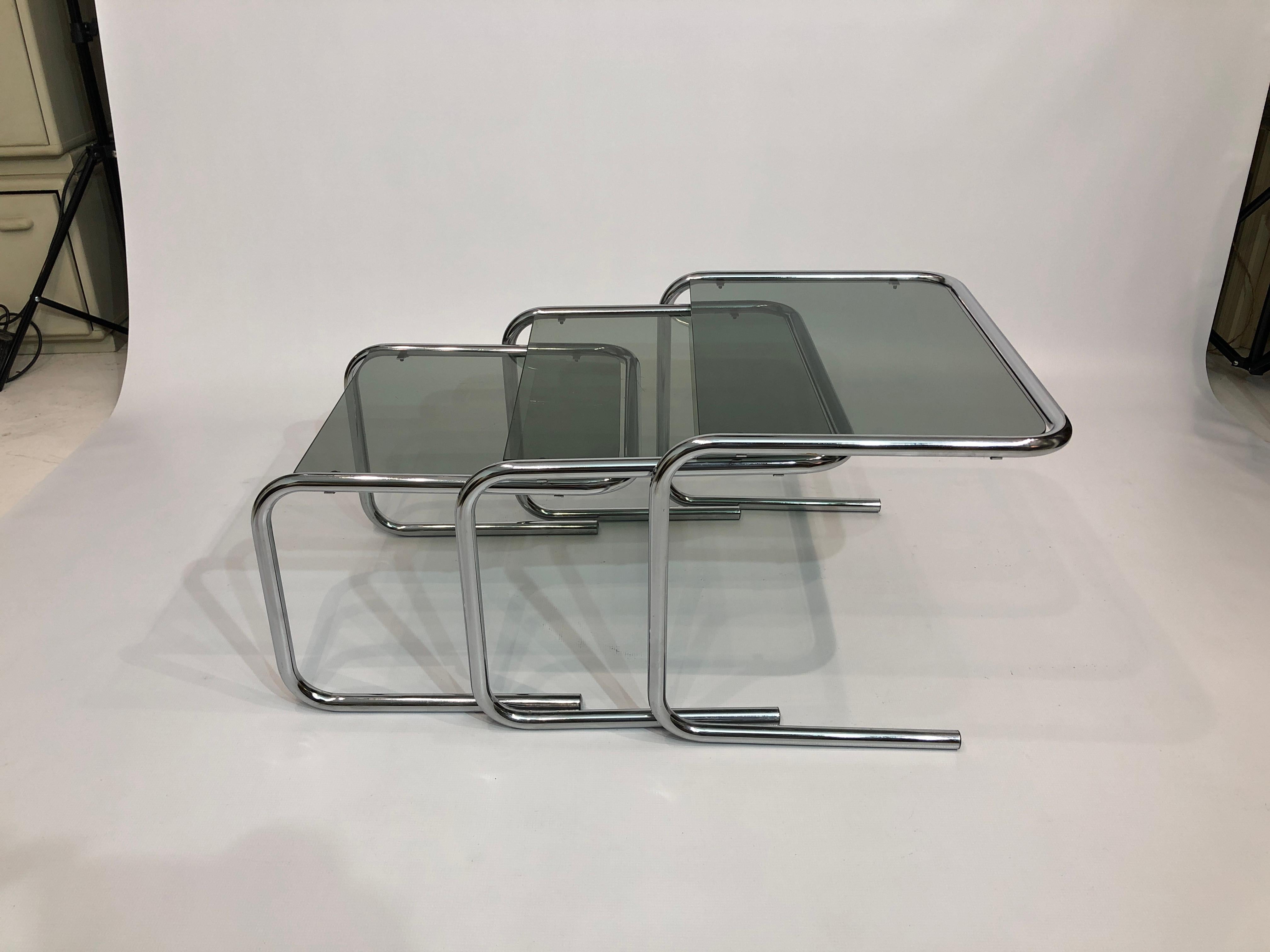 Postmodern Nesting Side Tables 1970s Chrome Cantilever Pieff Style Smoked Glass 1
