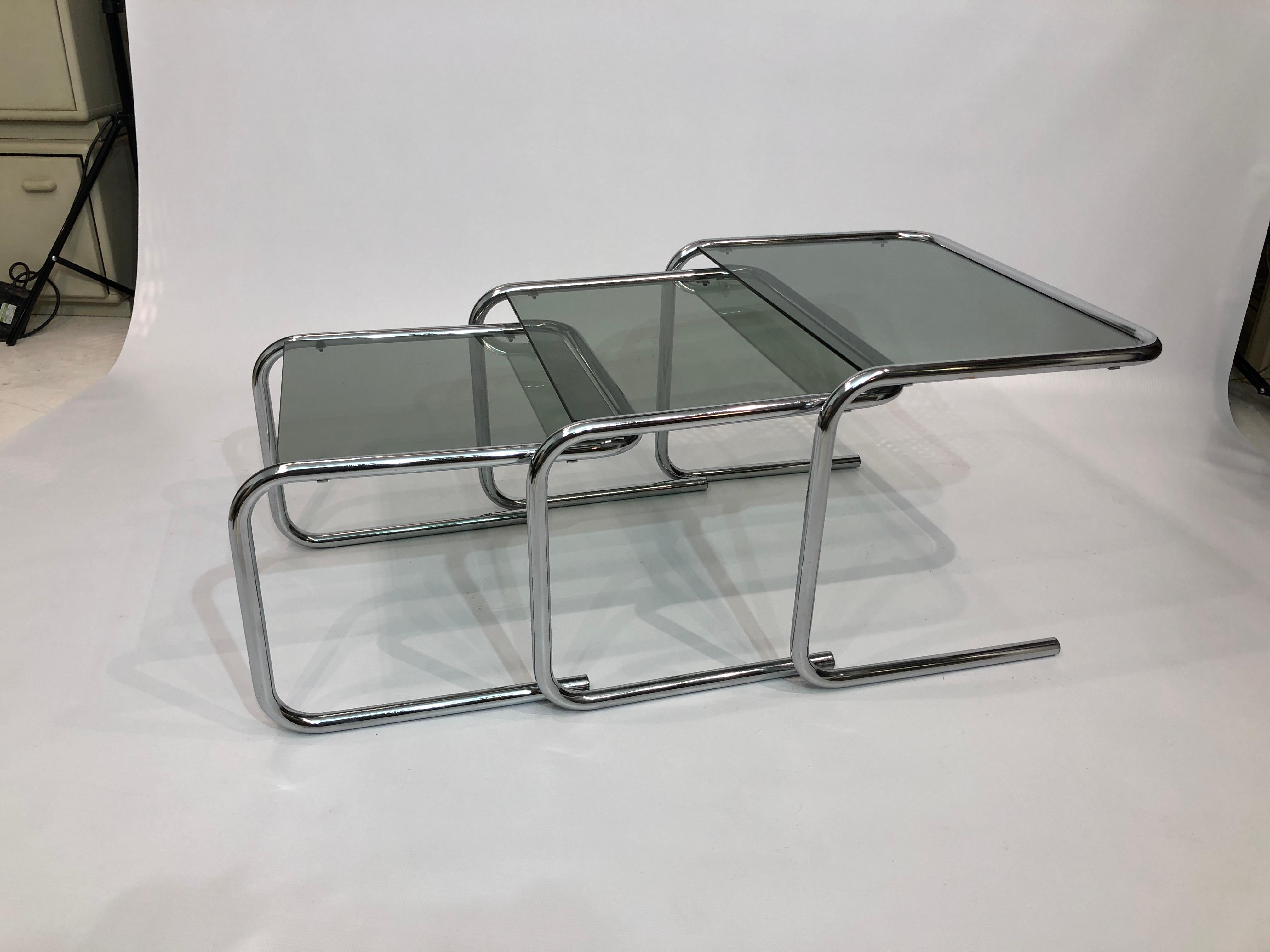 Postmodern Nesting Side Tables 1970s Chrome Cantilever Pieff Style Smoked Glass 2