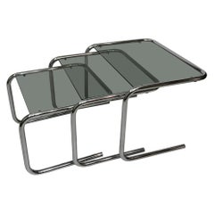 Postmodern Nesting Side Tables 1970s Chrome Cantilever Pieff Style Smoked Glass