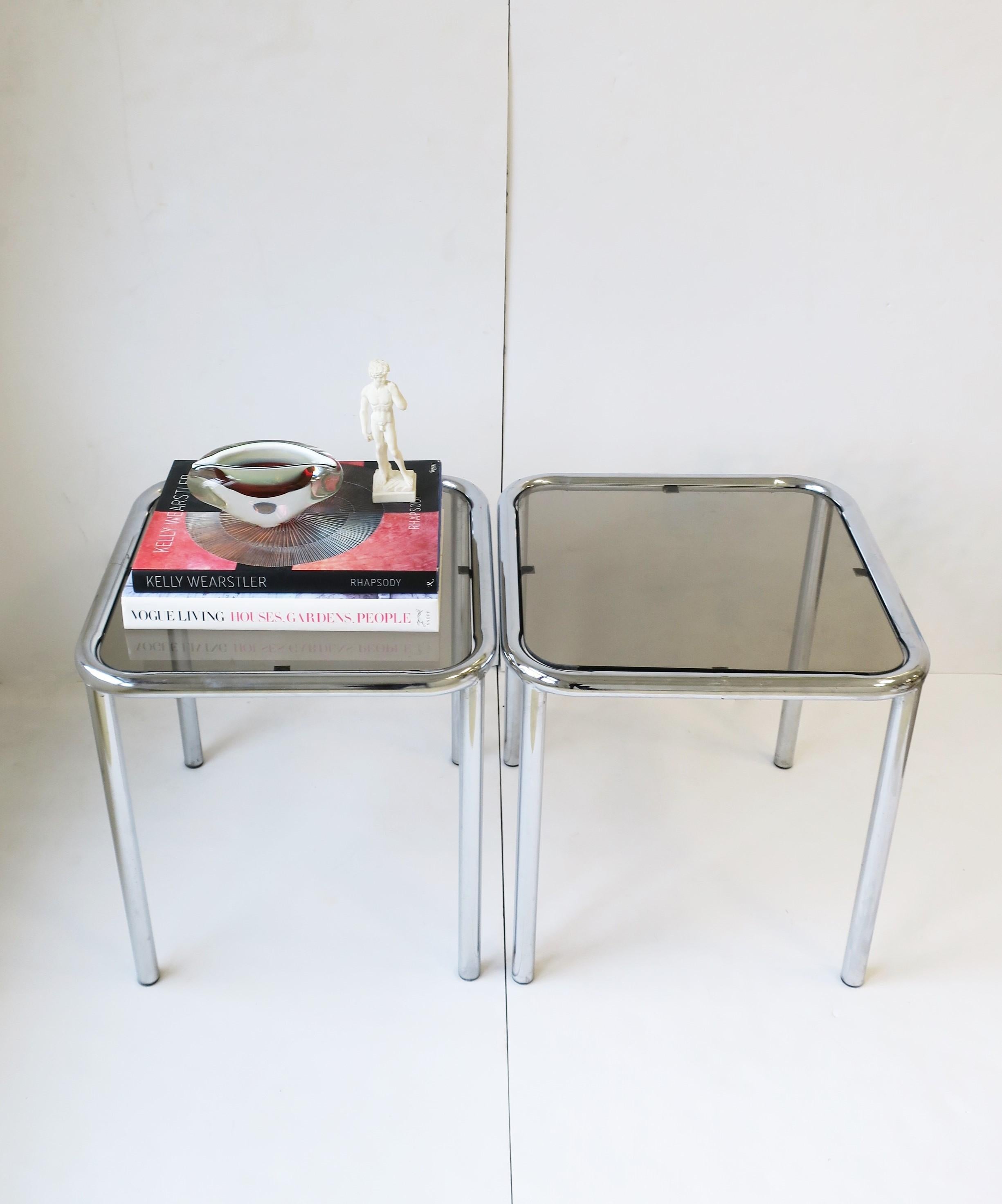 Postmodern Tubular End, Side, and Stacking Tables in Chrome and Glass, Pair 2