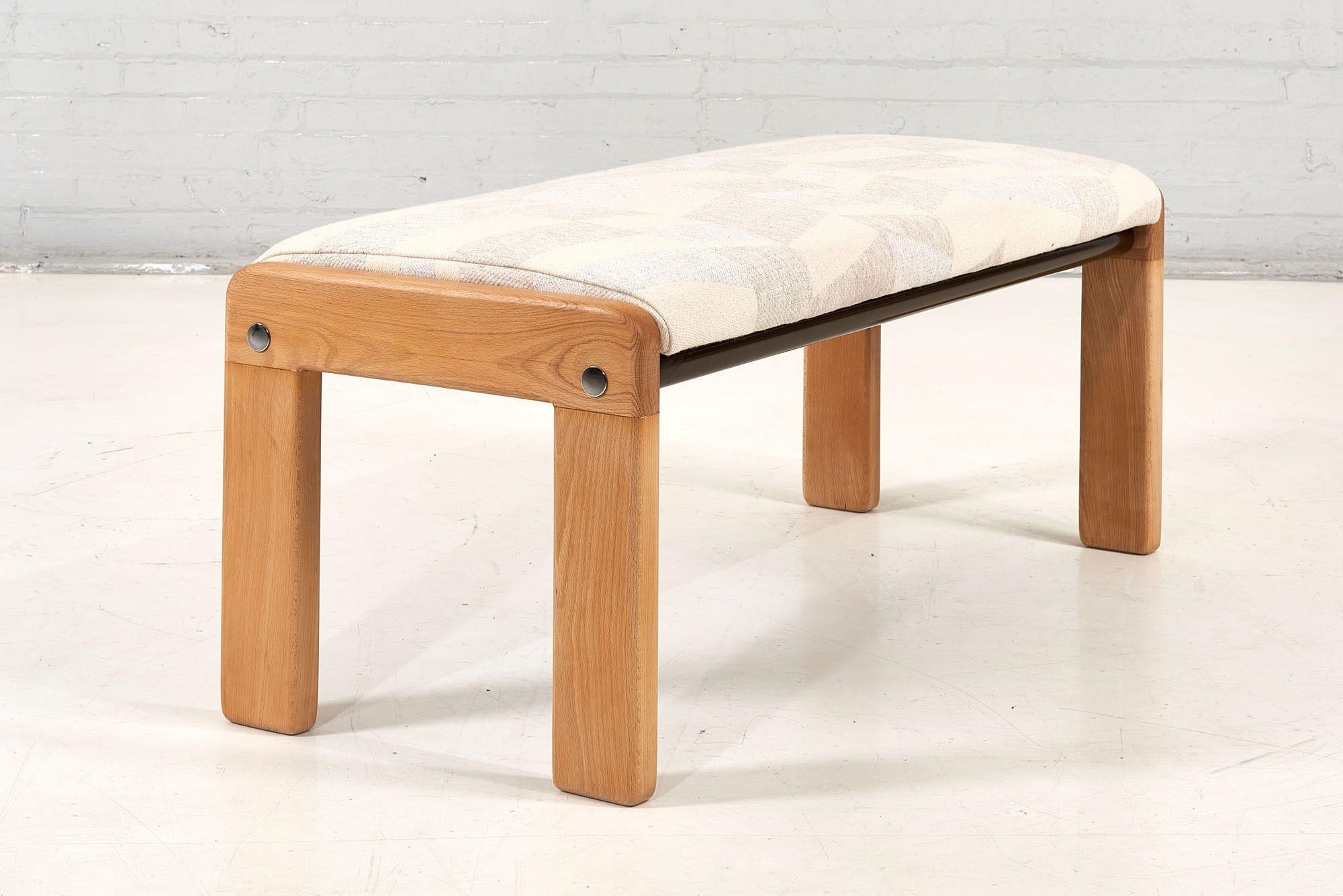 Postmodern oak bench, 1980. Newly upholstered.