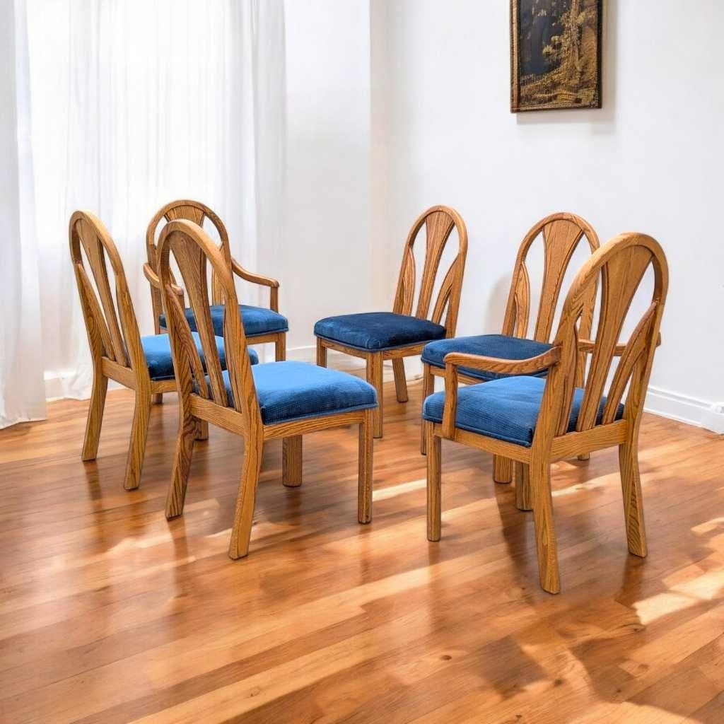 Sedie da pranzo postmoderne in Oak, velluto blu, set di 6, anni '80, USA in vendita 3