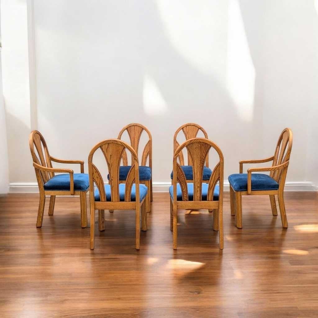 Sedie da pranzo postmoderne in Oak, velluto blu, set di 6, anni '80, USA in vendita 6