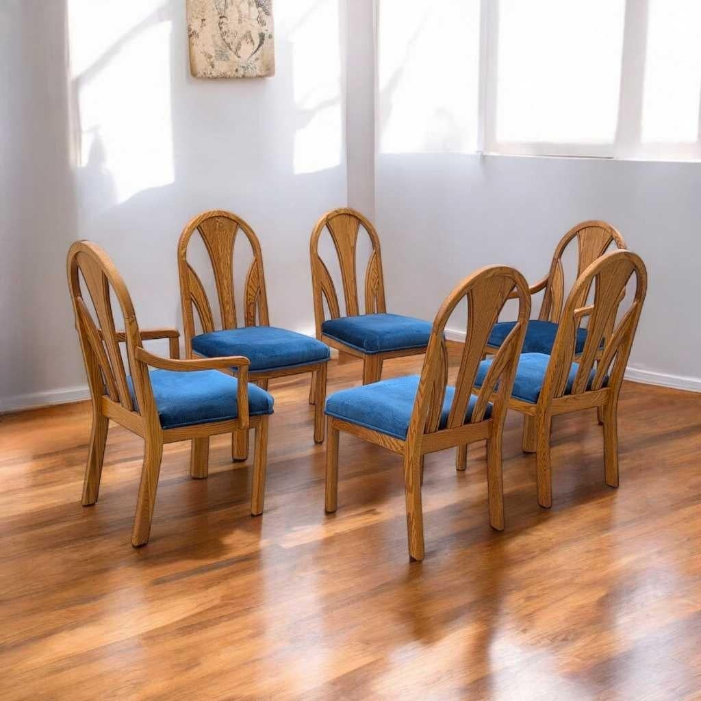 Americano Sedie da pranzo postmoderne in Oak, velluto blu, set di 6, anni '80, USA in vendita