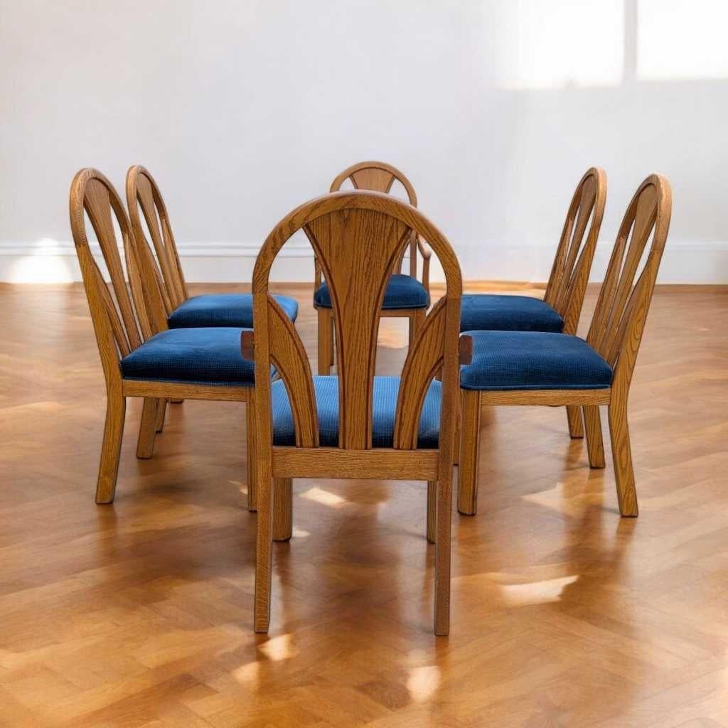Sedie da pranzo postmoderne in Oak, velluto blu, set di 6, anni '80, USA in vendita 1