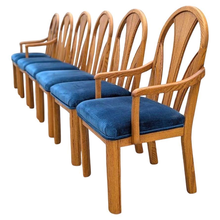 Postmodern Oak Dining Chairs, Blue Velvet, Set of 6, 1980s, USA