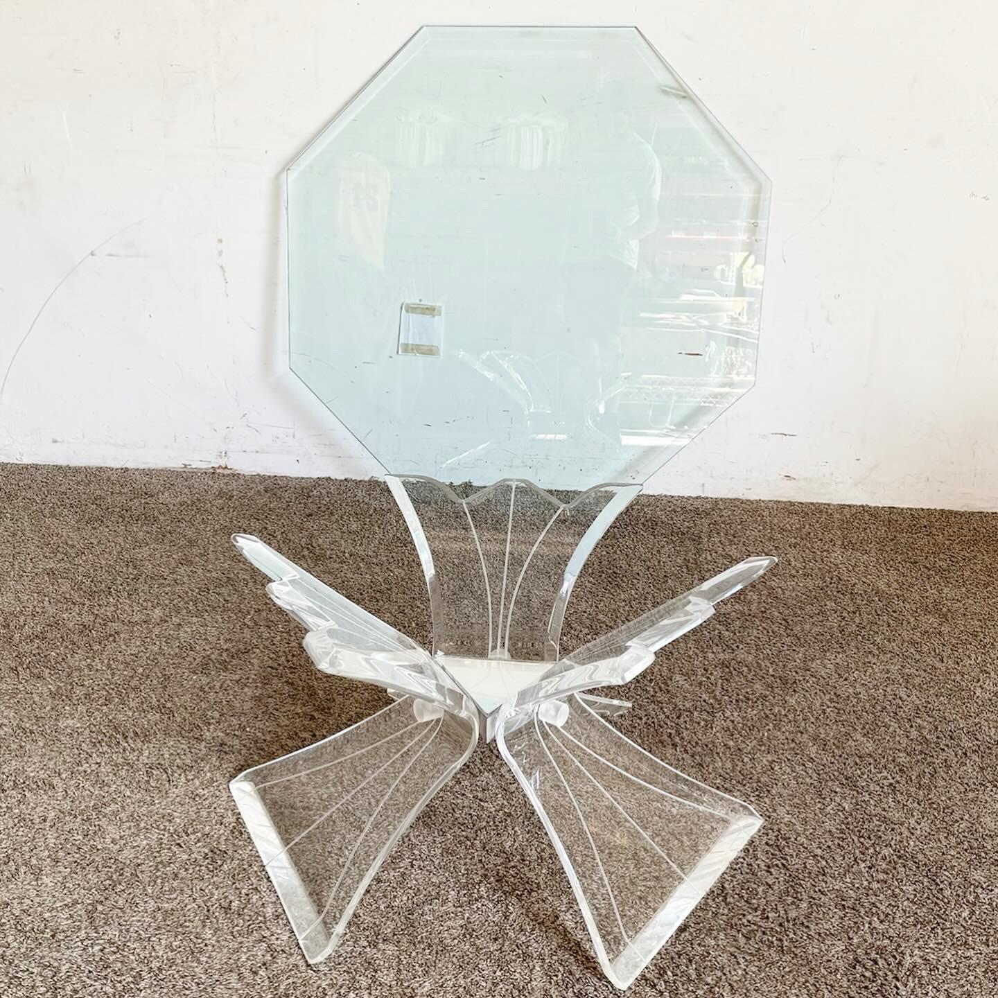 20th Century Postmodern Octagonal Beveled Glass Top Lucite Coffee Table For Sale