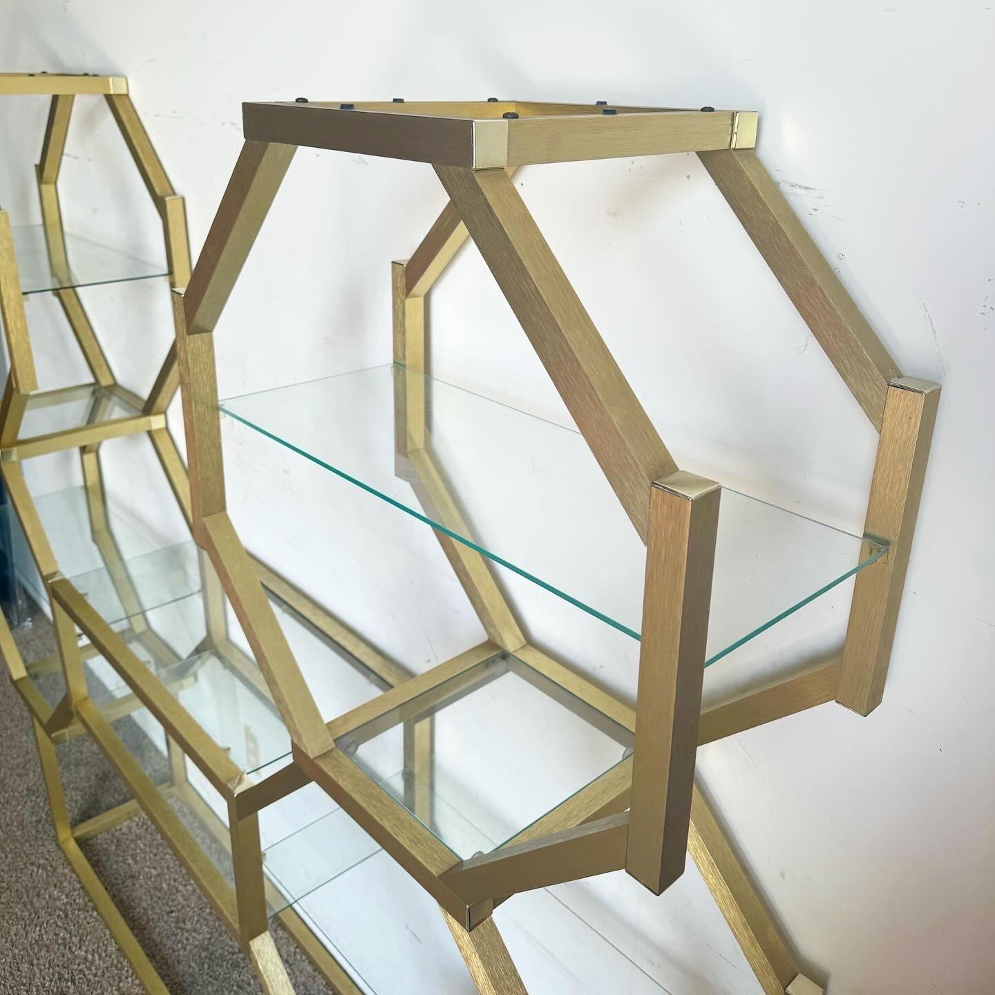 American Postmodern Octagonal Gold and Glass Etagere