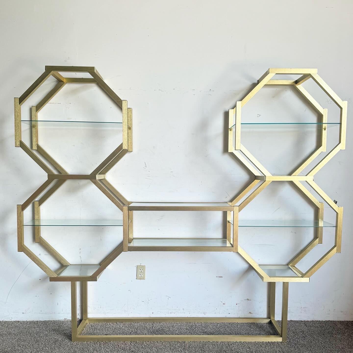 Postmodern Octagonal Gold and Glass Etagere In Good Condition In Delray Beach, FL