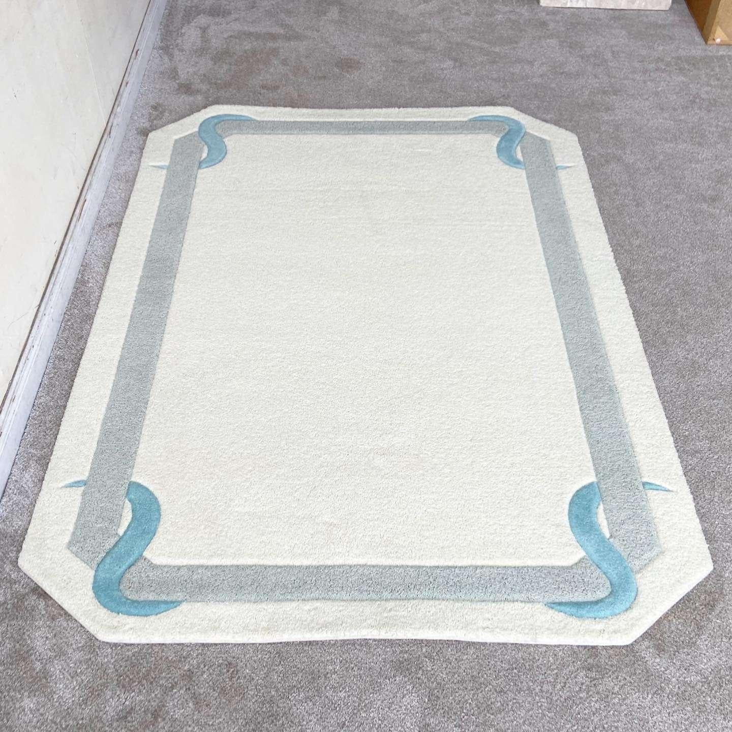 Post-Modern Postmodern Off White Gray and Blue Sculpted Area Rug For Sale