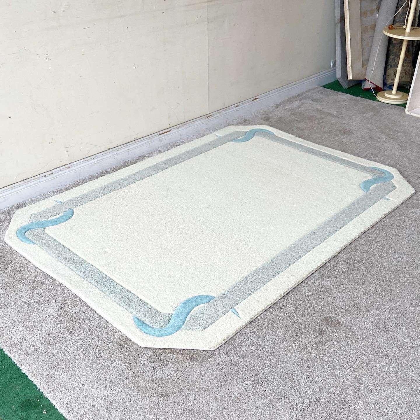American Postmodern Off White Gray and Blue Sculpted Area Rug For Sale