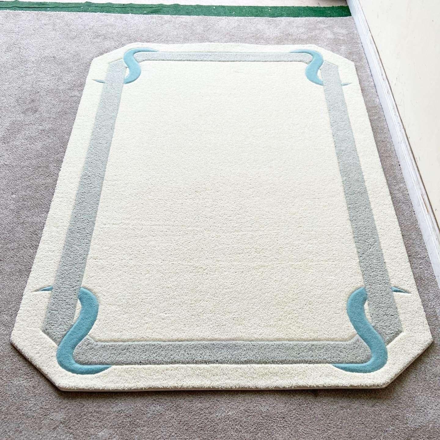 Postmodern Off White Gray and Blue Sculpted Area Rug In Good Condition For Sale In Delray Beach, FL