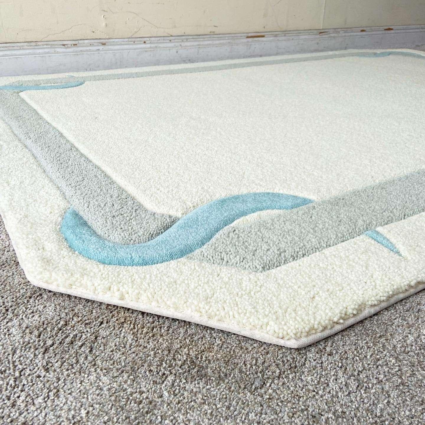 Late 20th Century Postmodern Off White Gray and Blue Sculpted Area Rug For Sale