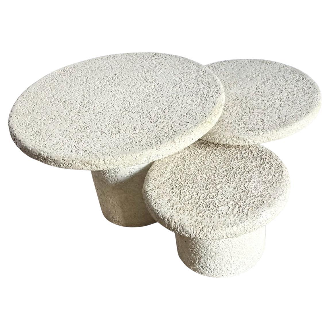 Postmodern Off White Stucco Mushroom Nesting Side Tables - Set of 3